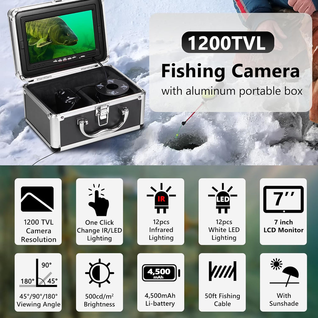 [Fishpro® 2026 Upgrade] Underwater Fishing Camera 1200TVL, 7'' Ice Fishing Camera Underwater[Aluminum Box], Fish Finder Ice Fishing Gifts for Men, IR+LED, 4,500Mah, 50Ft