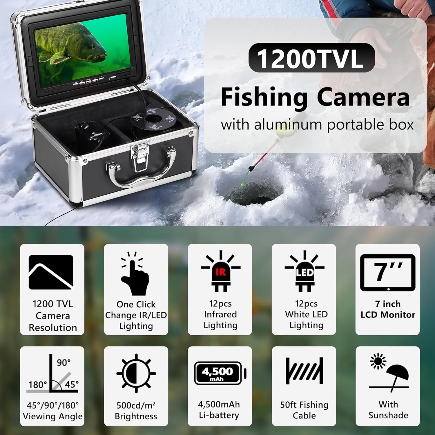 [Fishpro® 2026 Upgrade] Underwater Fishing Camera 1200TVL, 7'' Ice Fishing Camera Underwater[Aluminum Box], Fish Finder Ice Fishing Gifts for Men, IR+LED, 4,500Mah, 50Ft