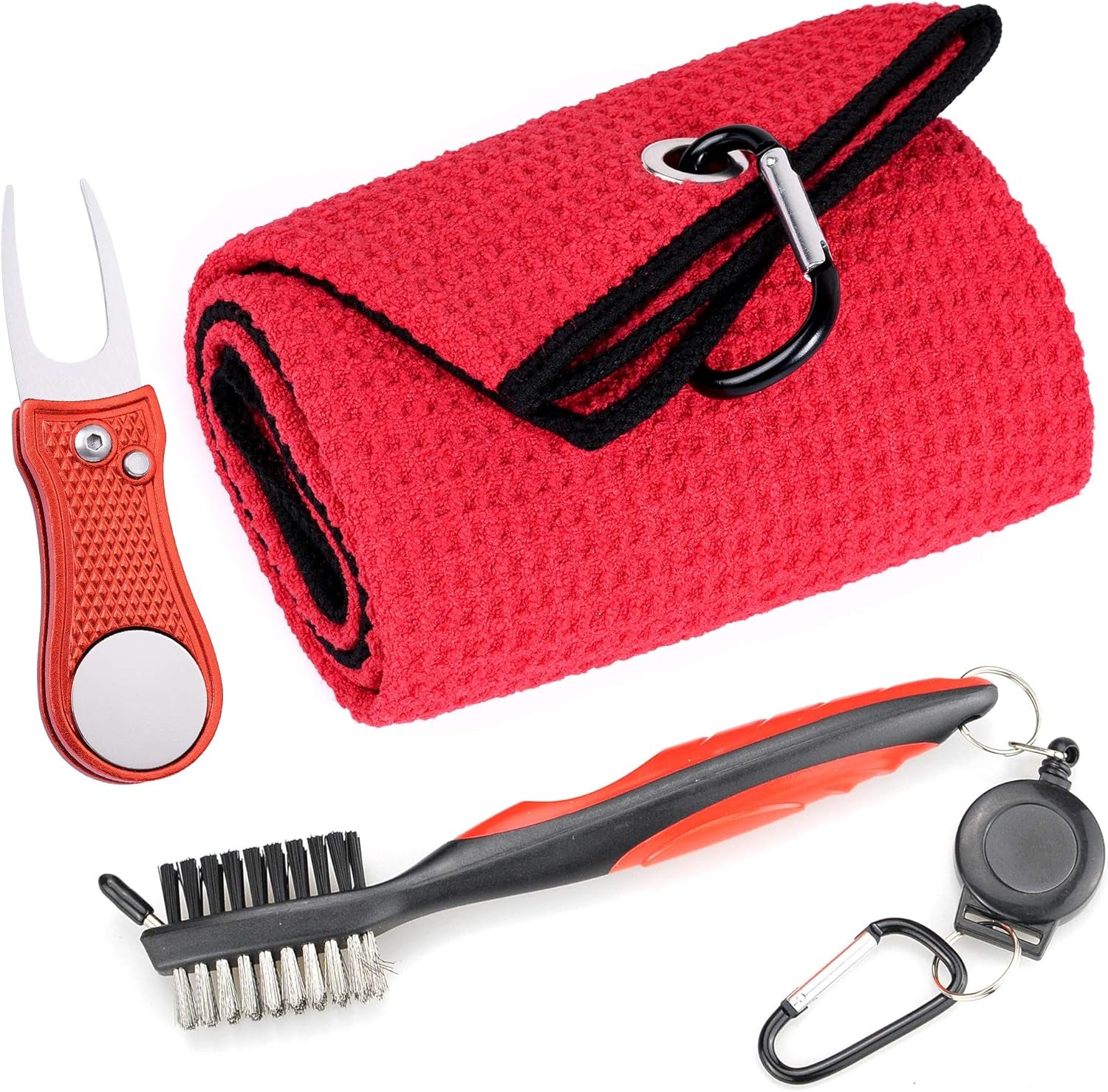 Mile High Life Microfiber Golf Towel with Waffle Pattern | Retractable Club Groove Cleaner Oversize Brush | Foldable Divot Tool with Magnetic Ball Marker | Golf Accessories for Men
