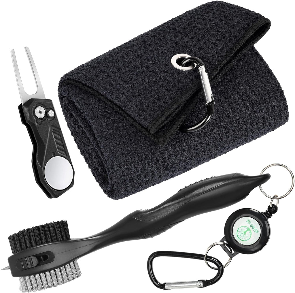 Mile High Life Microfiber Golf Towel with Waffle Pattern | Retractable Club Groove Cleaner Oversize Brush | Foldable Divot Tool with Magnetic Ball Marker | Golf Accessories for Men