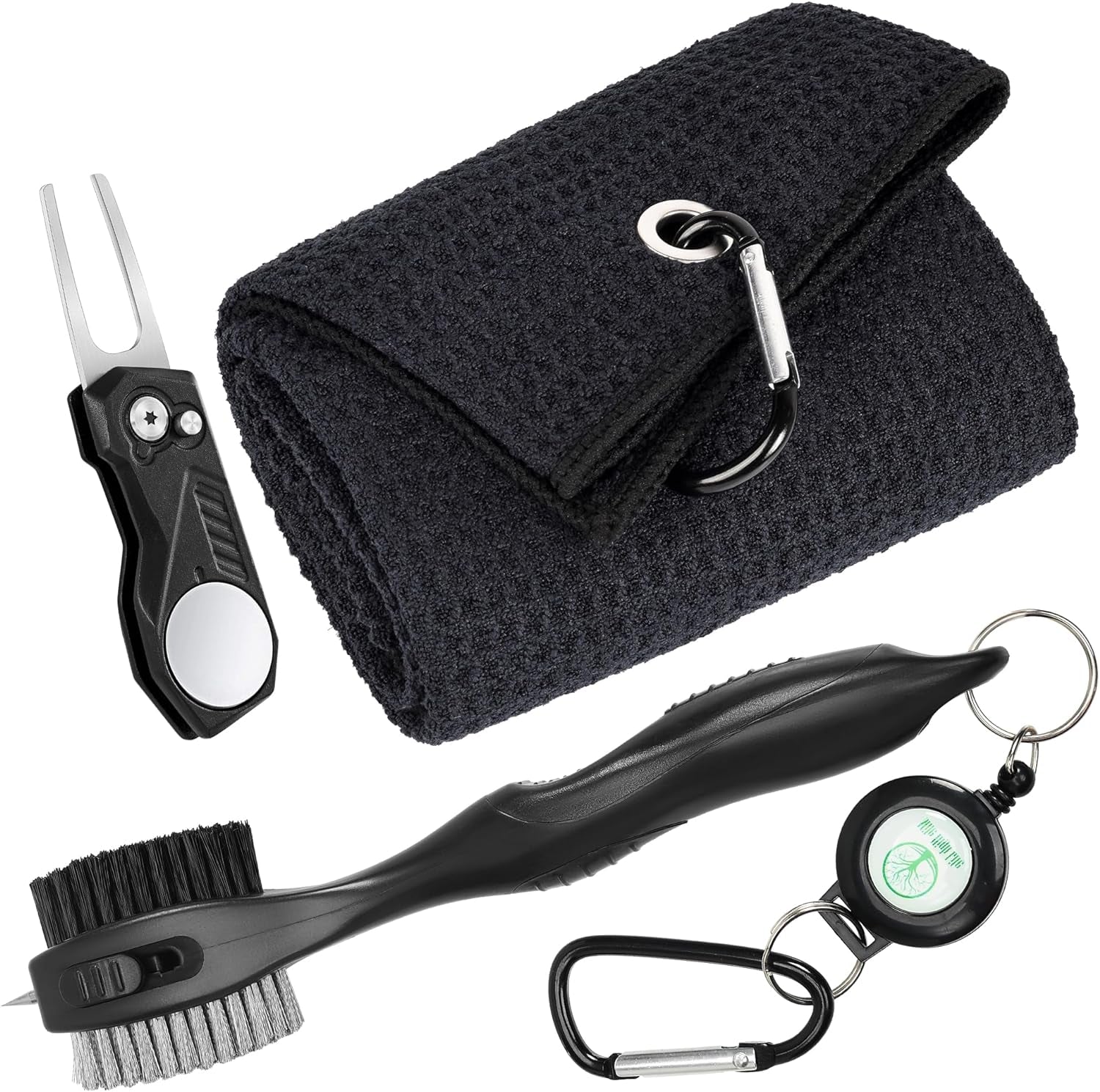 Mile High Life Microfiber Golf Towel with Waffle Pattern | Retractable Club Groove Cleaner Oversize Brush | Foldable Divot Tool with Magnetic Ball Marker | Golf Accessories for Men
