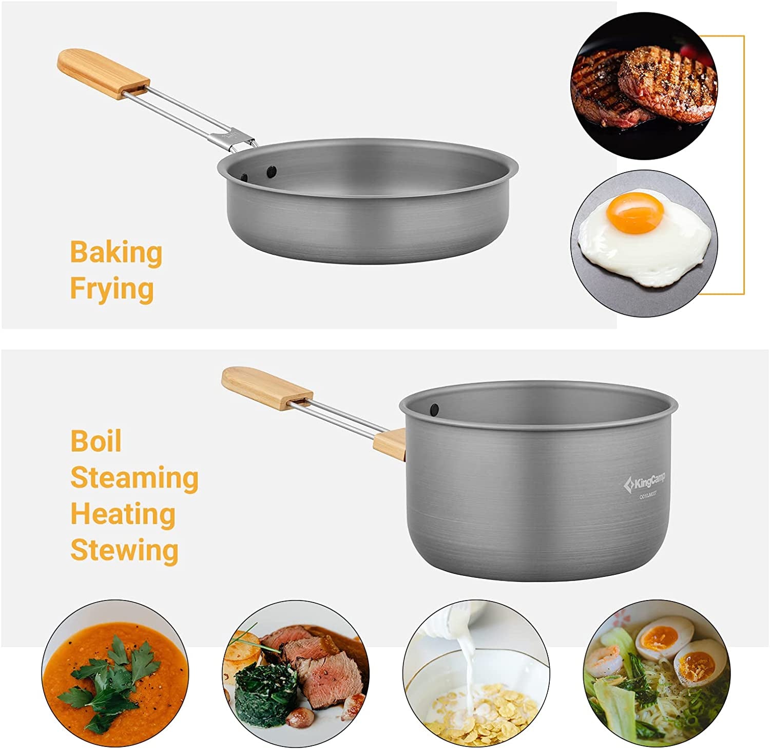 Kingcamp 7Pcs Camping Cookware Mess Kit Aluminum Folding Camping Pots and Pans Set with Bamboo Handle Lightweight Backpacking Cooking Set Outdoor Cook Gear for Family Hiking Picnic