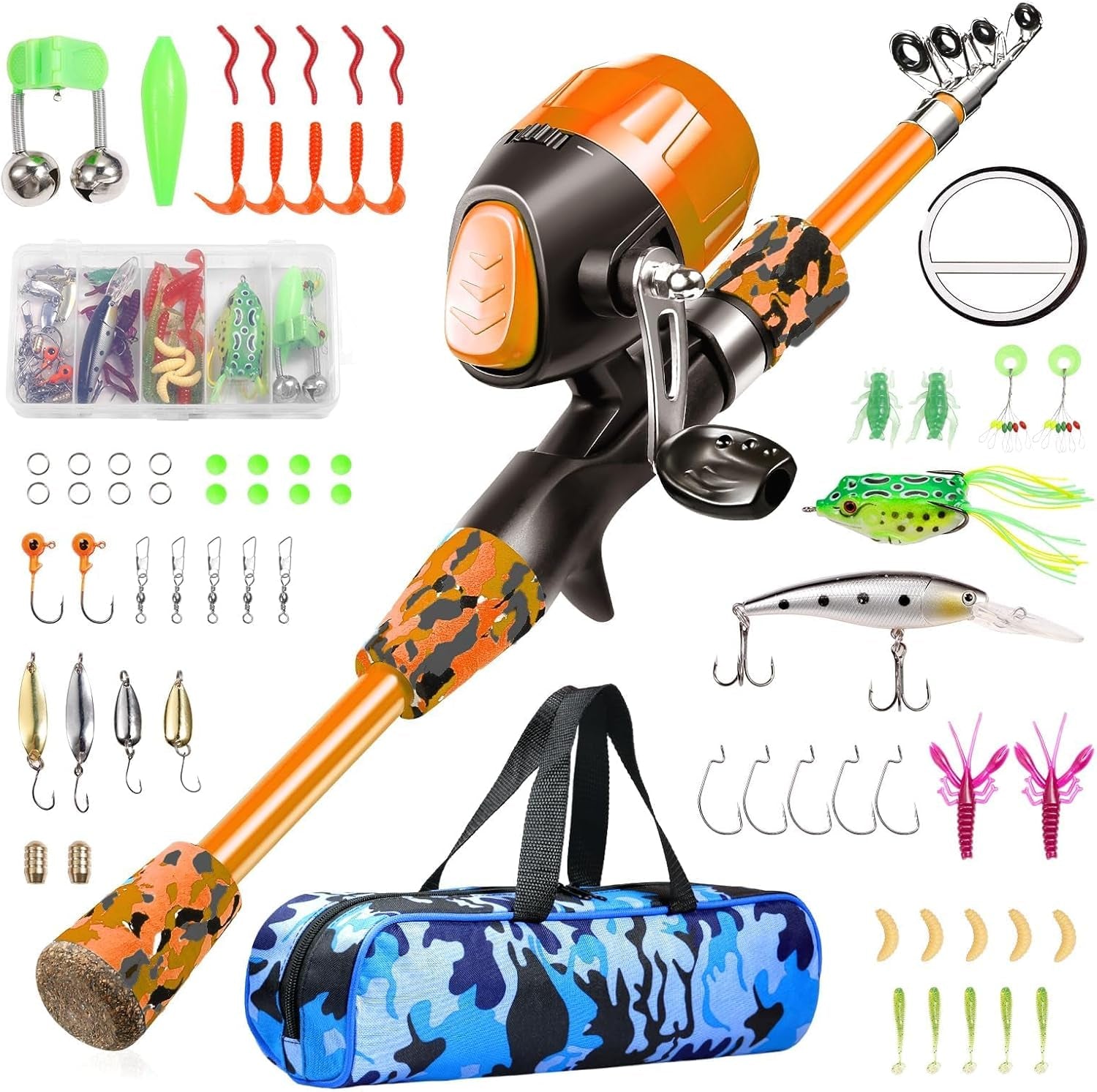 Kids Fishing Pole - Telescopic Fishing Rod and Reel Combo Kit - Fishing Gear, Fishing Lures, Carry on Bag, 70 Set Fully Fishing Equipment - for Boys, Girls, Youth