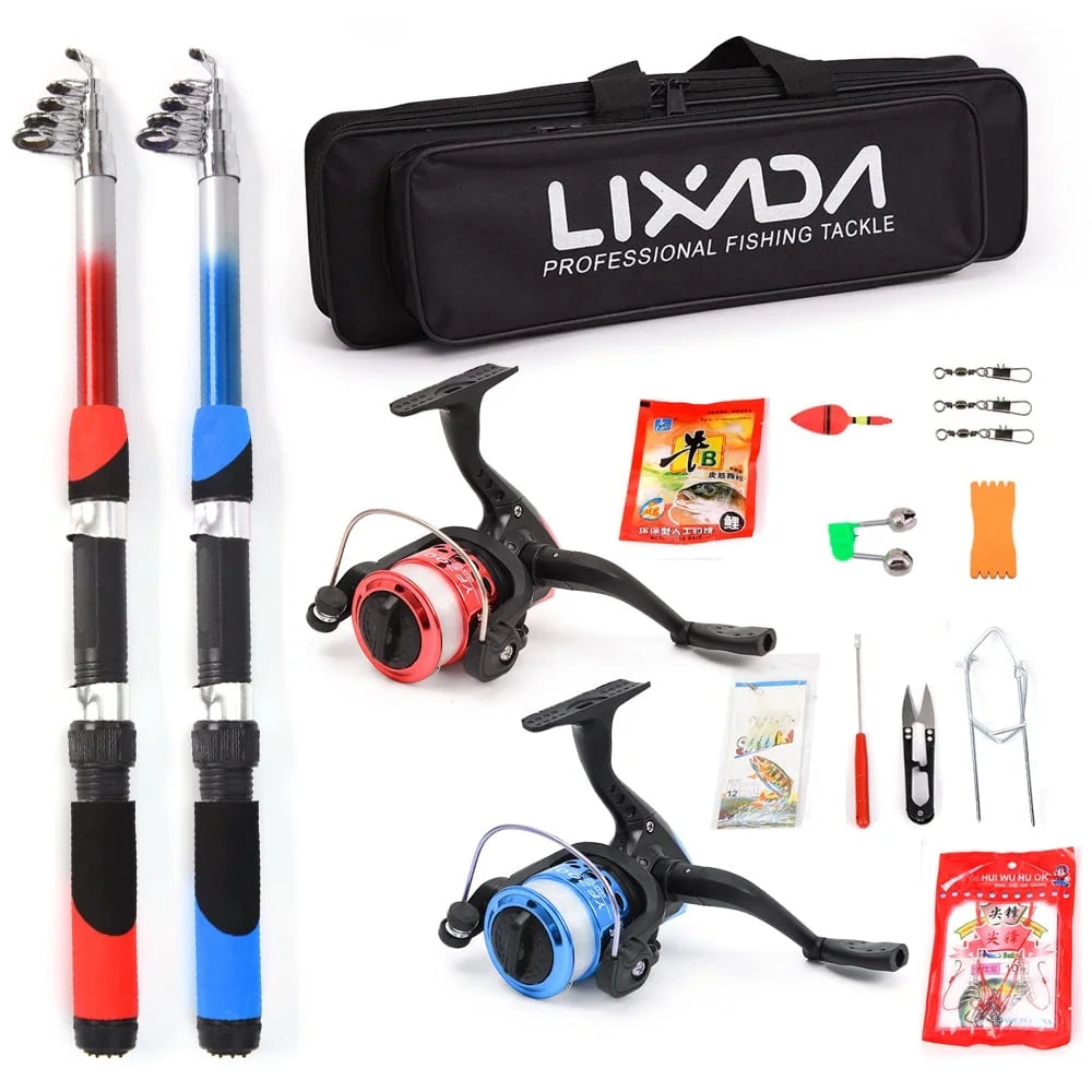 Fishing Rod Reel Combo Full Kit with 2PCS 2.1M Telescopic Fishing Rods 2PCS Spinning Reels Fishing Lures Hooks Accessories Fishing Bag