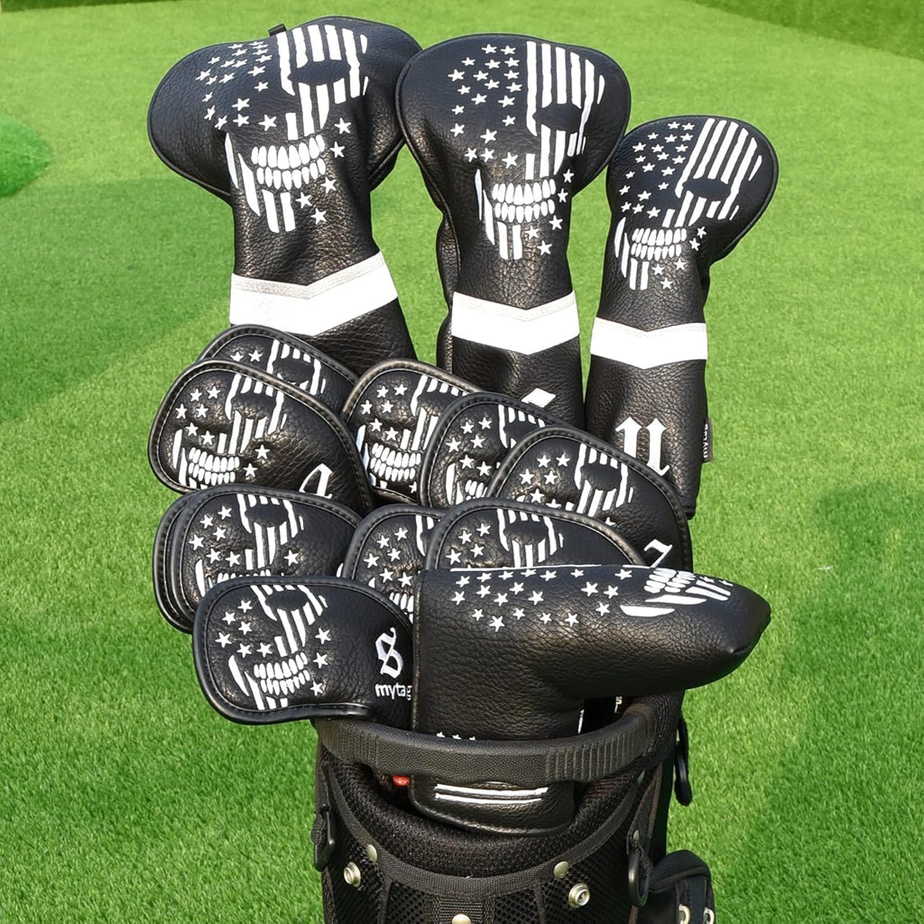 Mytag Golf Skull Skeleton Head Cover Golf Club Black Leather Headcovers Set Fits Driver Fairway Wood Hybrid Utility Putter Iron Wedge Headcover