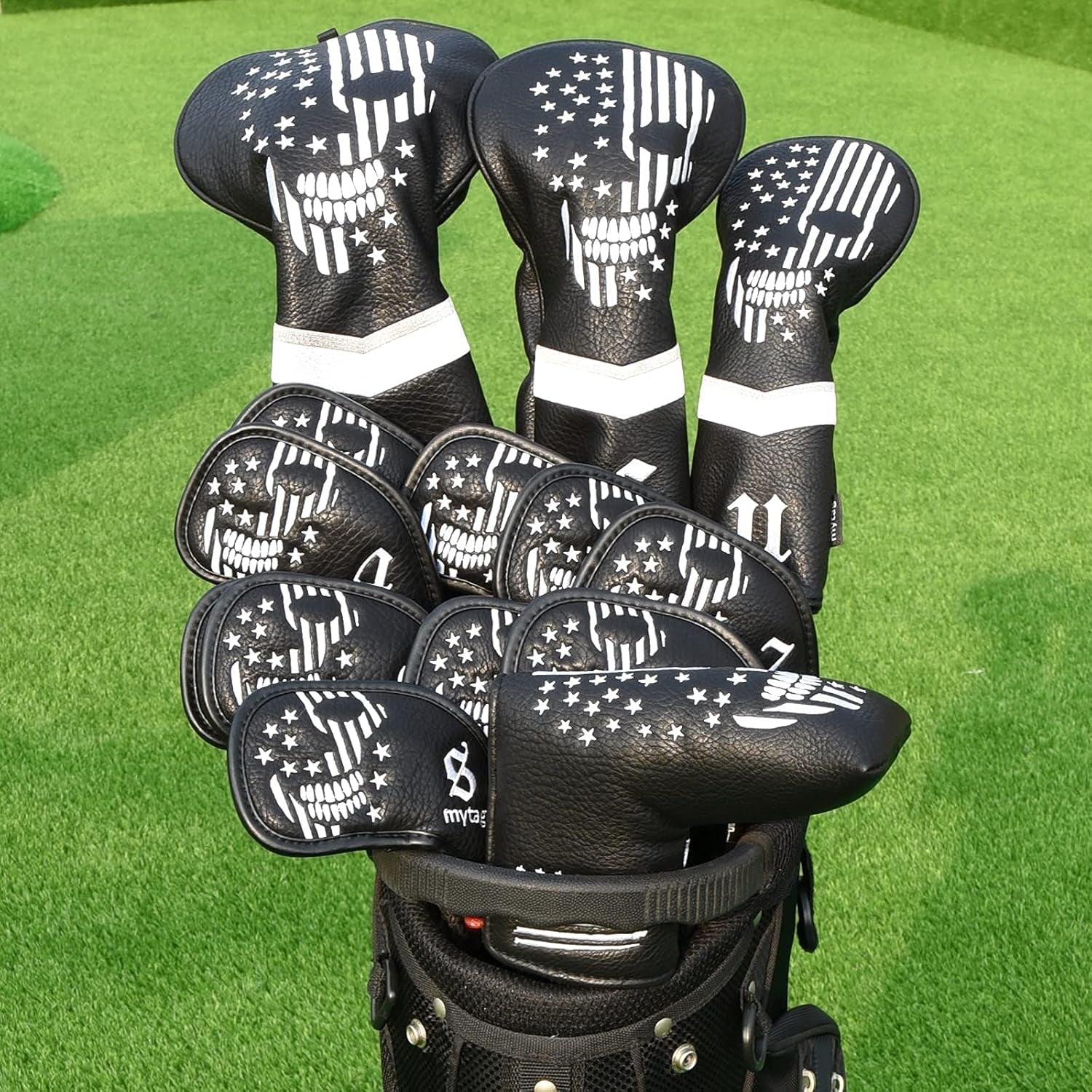 Mytag Golf Skull Skeleton Head Cover Golf Club Black Leather Headcovers Set Fits Driver Fairway Wood Hybrid Utility Putter Iron Wedge Headcover