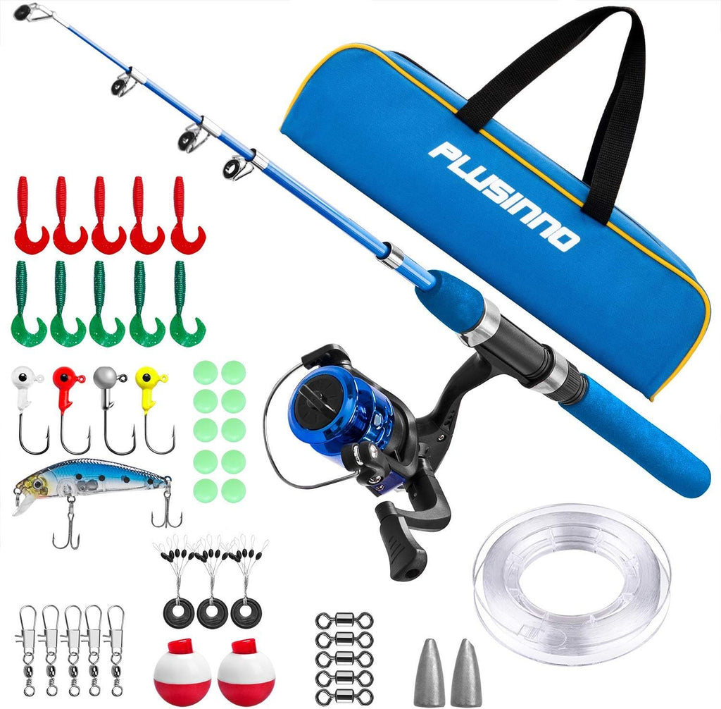 PLUSINNO Kids Fishing Pole,Light and Portable Telescopic Fishing Rod and Reel Combos for Youth Ice Fishing (Blue Handle with Bag, 150CM 59IN)