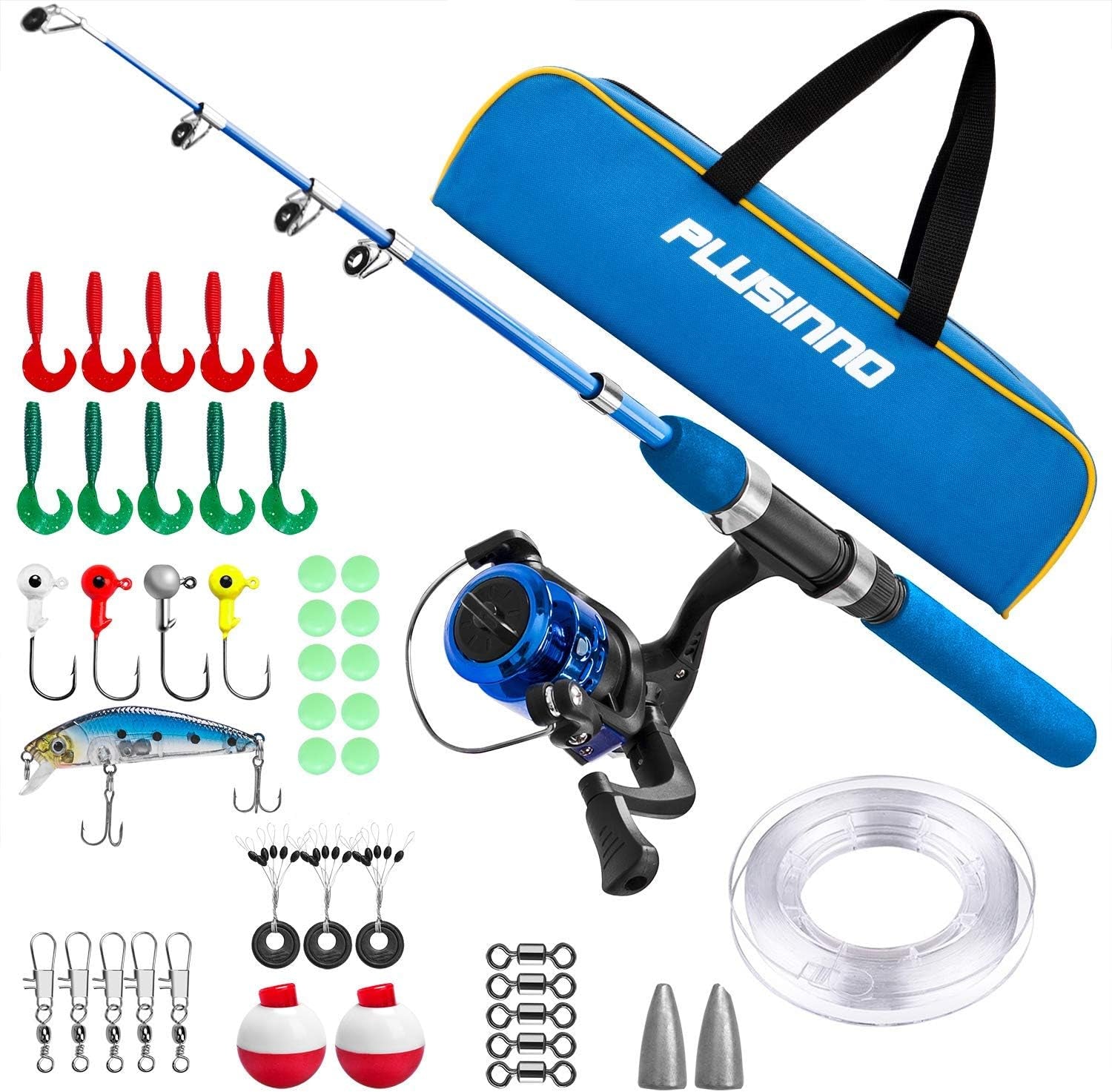 PLUSINNO Kids Fishing Pole,Light and Portable Telescopic Fishing Rod and Reel Combos for Youth Ice Fishing (Blue Handle with Bag, 150CM 59IN)