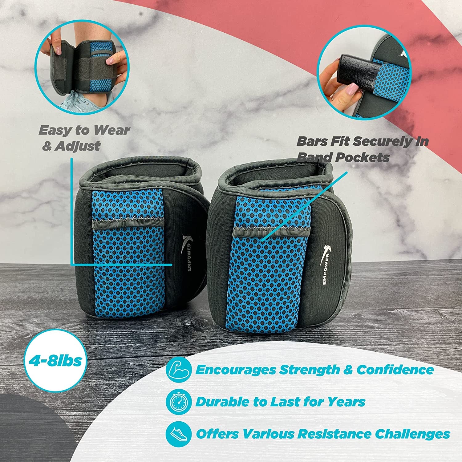 Empower Adjustable Ankle & Wrist Weights for Women for Walking, Jogging, Toning, Resistance Training, Physical Therapy (2 Adjustable Versions Available: 3-4-5 Lbs or 4-6-8 Lbs)