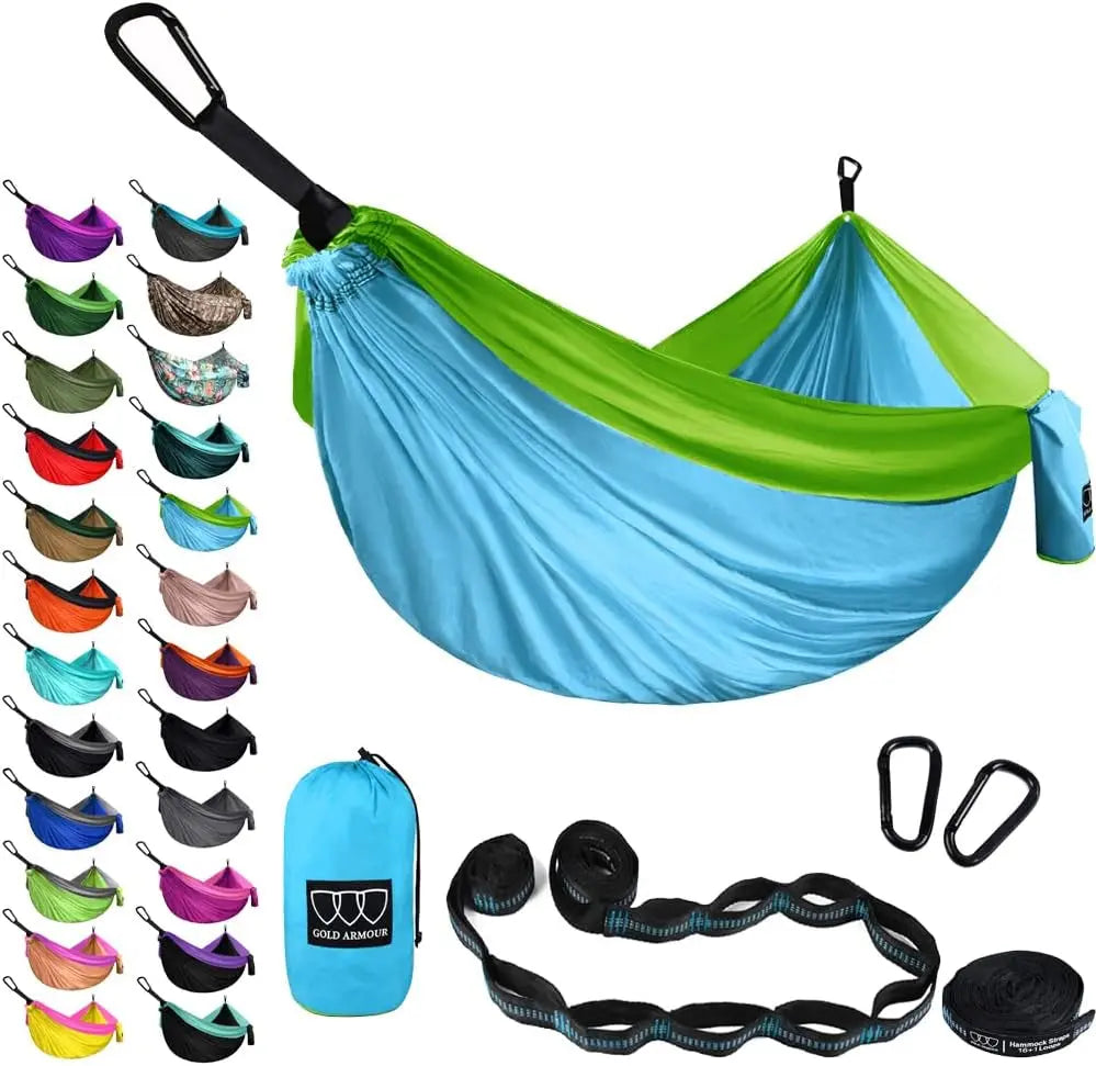 Gold Armour Camping Hammock - XL Double Hammock Portable Hammock Camping Accessories Gear for Outdoor Indoor with Tree Straps, USA Based Brand (Hawaii Blue)