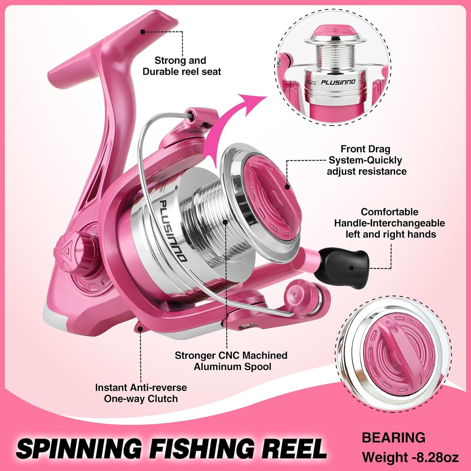 PLUSINNO Ladies Pink Telescopic Fishing Rod and Reel