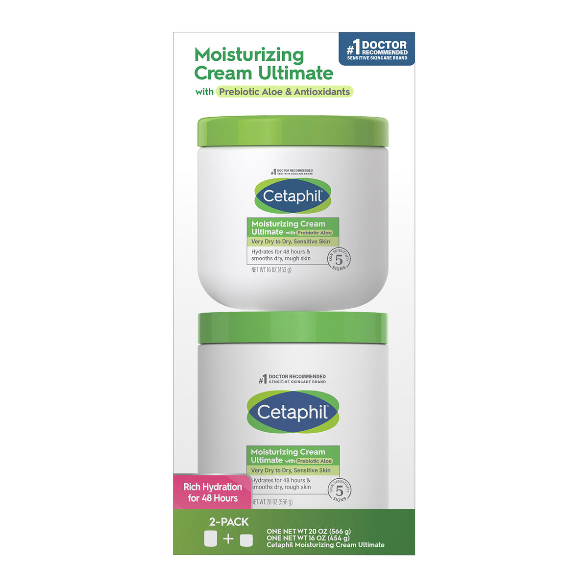 Cetaphil Moisturizing Cream Ultimate with Prebiotic Aloe, Very Dry to Dry Sensitive Skin, 20 Oz + 16 Oz, 2-Pack