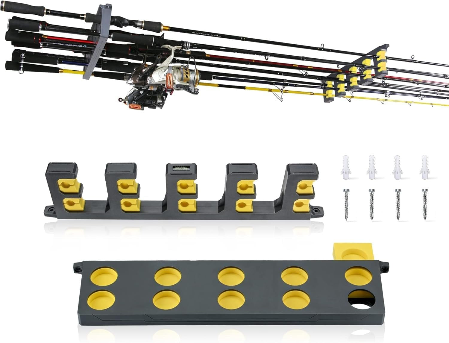 Booms Fishing Rod Holder for Garage: Wall Mount Fishing Pole Holders for Garage | Fishing Rod Rack Holds up to 10 Rods, Vertical/Horizontal/Ceiling Fishing Pole Racks, WV4 Black
