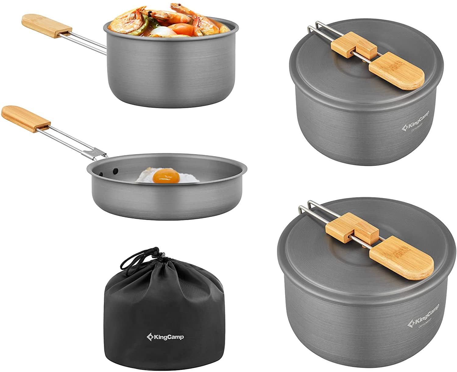 Kingcamp 7Pcs Camping Cookware Mess Kit Aluminum Folding Camping Pots and Pans Set with Bamboo Handle Lightweight Backpacking Cooking Set Outdoor Cook Gear for Family Hiking Picnic