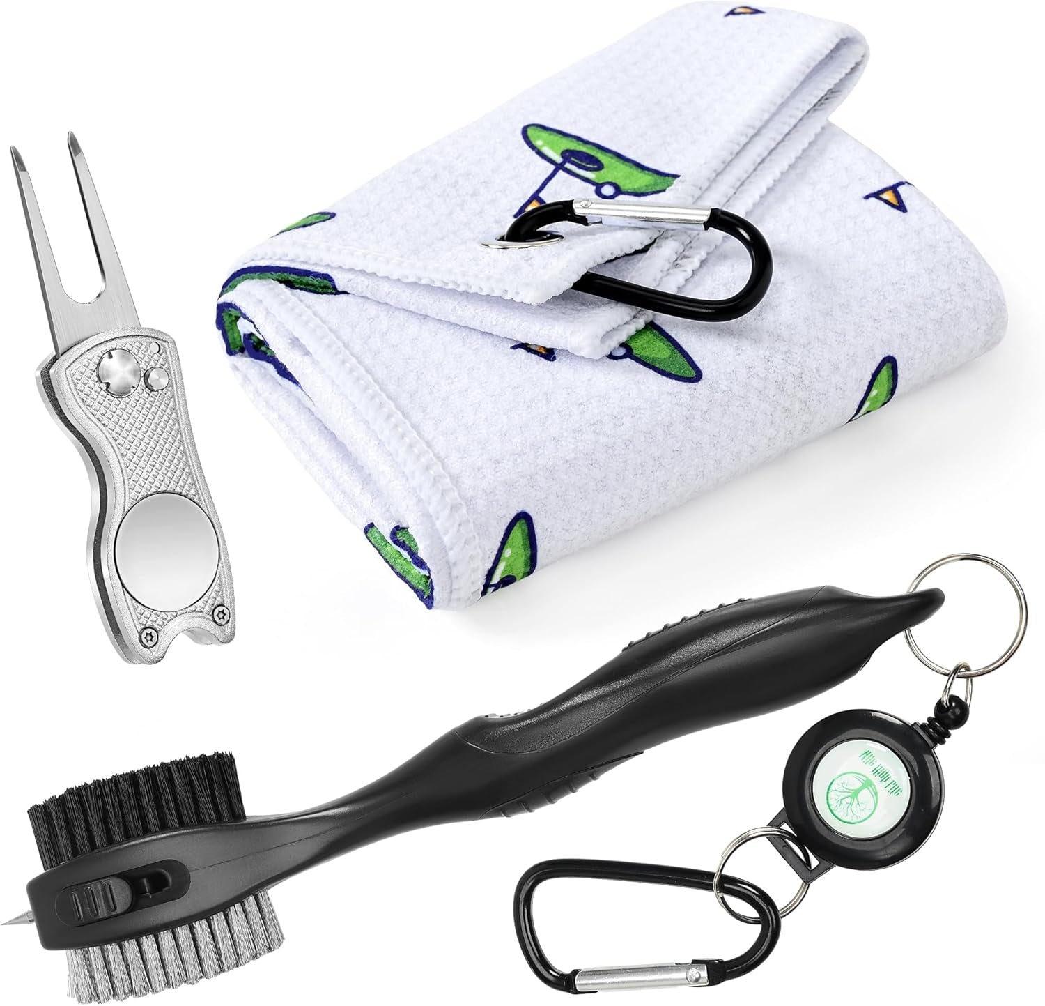 Mile High Life Microfiber Golf Towel with Waffle Pattern | Retractable Club Groove Cleaner Oversize Brush | Foldable Divot Tool with Magnetic Ball Marker | Golf Accessories for Men