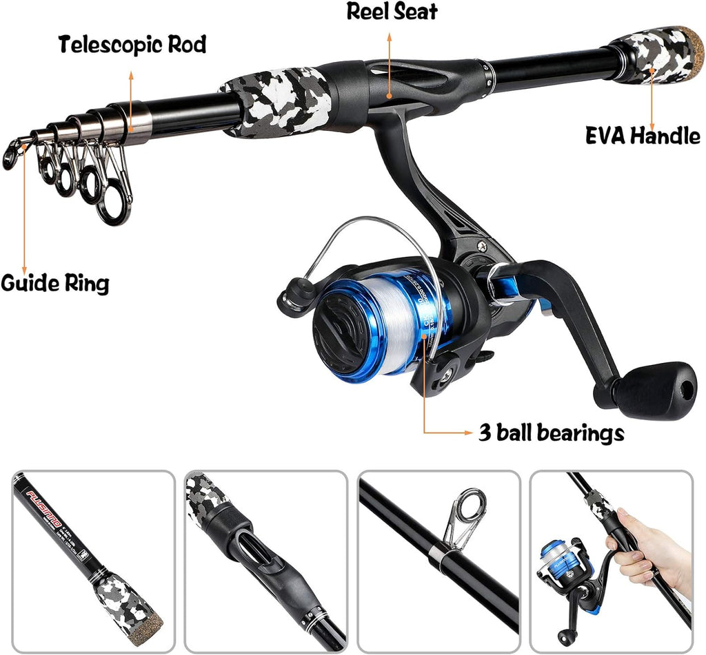 PLUSINNO Kids Fishing Pole, Portable Telescopic Fishing Rod and Reel Combo Kit - with Spinning Fishing Reel Tackle Box for Boys, Girls, Youth