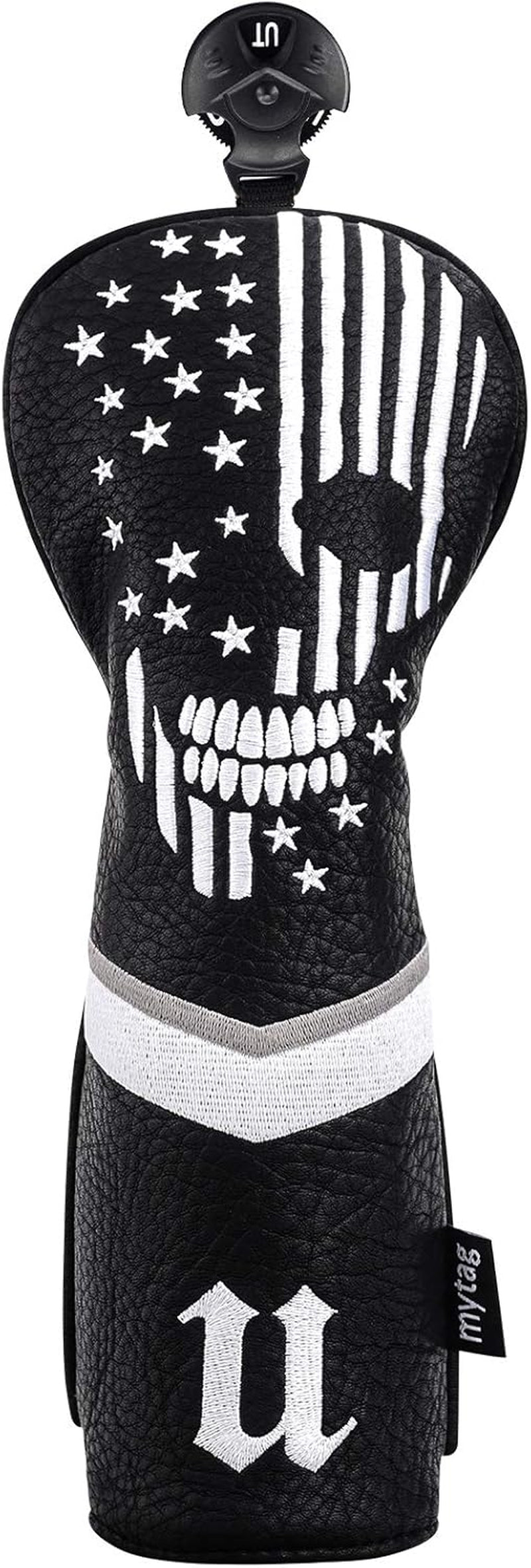 Mytag Golf Skull Skeleton Head Cover Golf Club Black Leather Headcovers Set Fits Driver Fairway Wood Hybrid Utility Putter Iron Wedge Headcover