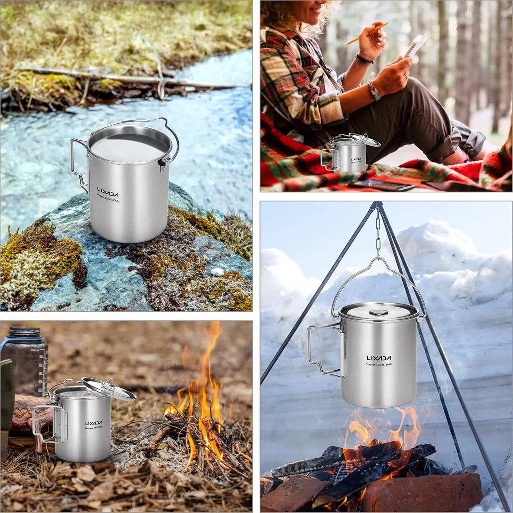 LIXADA Camping Cup Pot,750Ml Stainless Steel Water Cup Mug with Foldable Handles and Lid for Outdoor Camping Hiking Backpacking