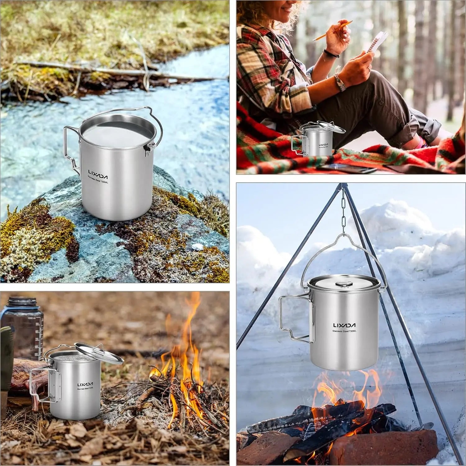LIXADA Camping Cup Pot,750Ml Stainless Steel Water Cup Mug with Foldable Handles and Lid for Outdoor Camping Hiking Backpacking