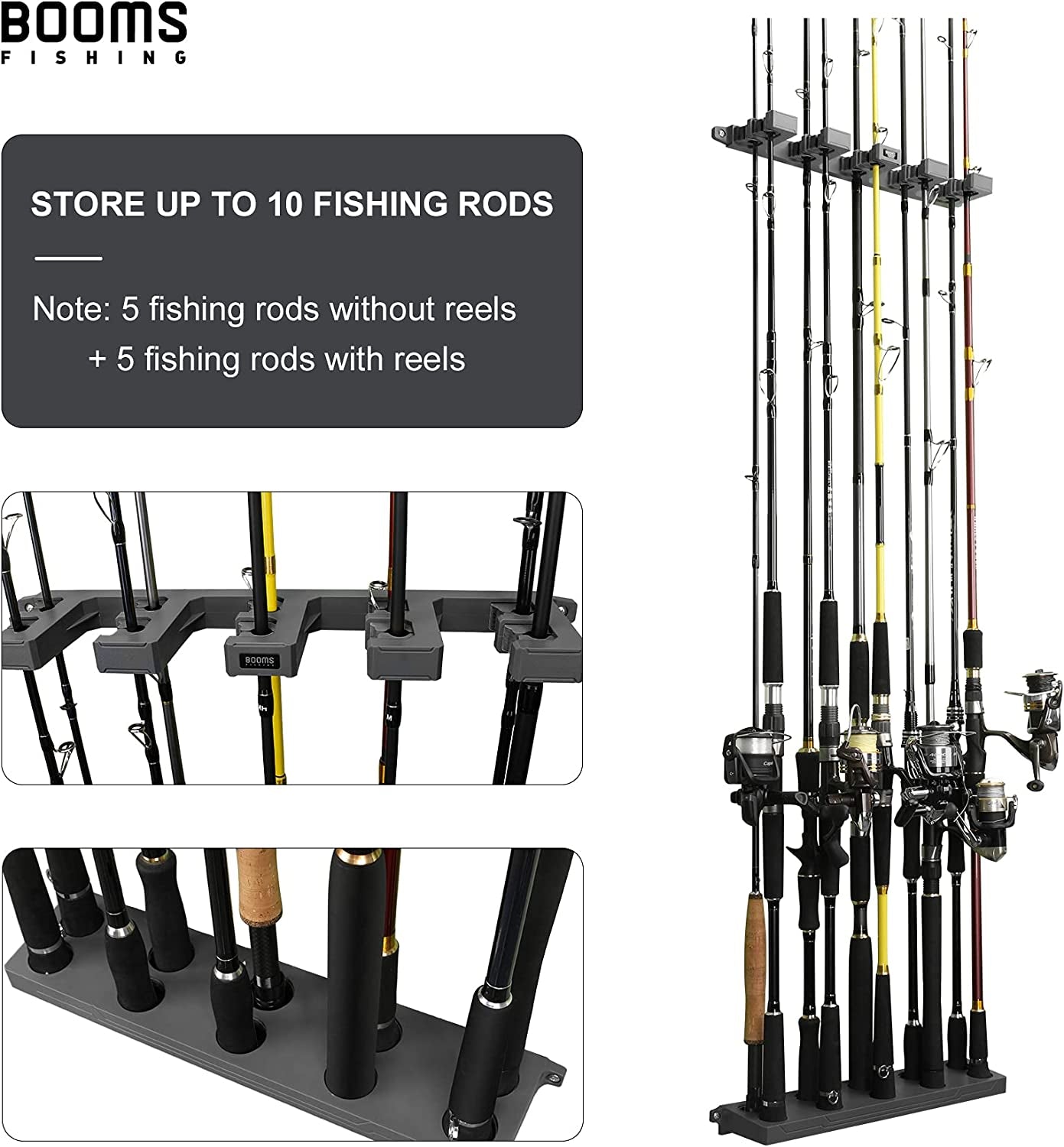 Booms Fishing Rod Holder for Garage: Wall Mount Fishing Pole Holders for Garage | Fishing Rod Rack Holds up to 10 Rods, Vertical/Horizontal/Ceiling Fishing Pole Racks, WV4 Black