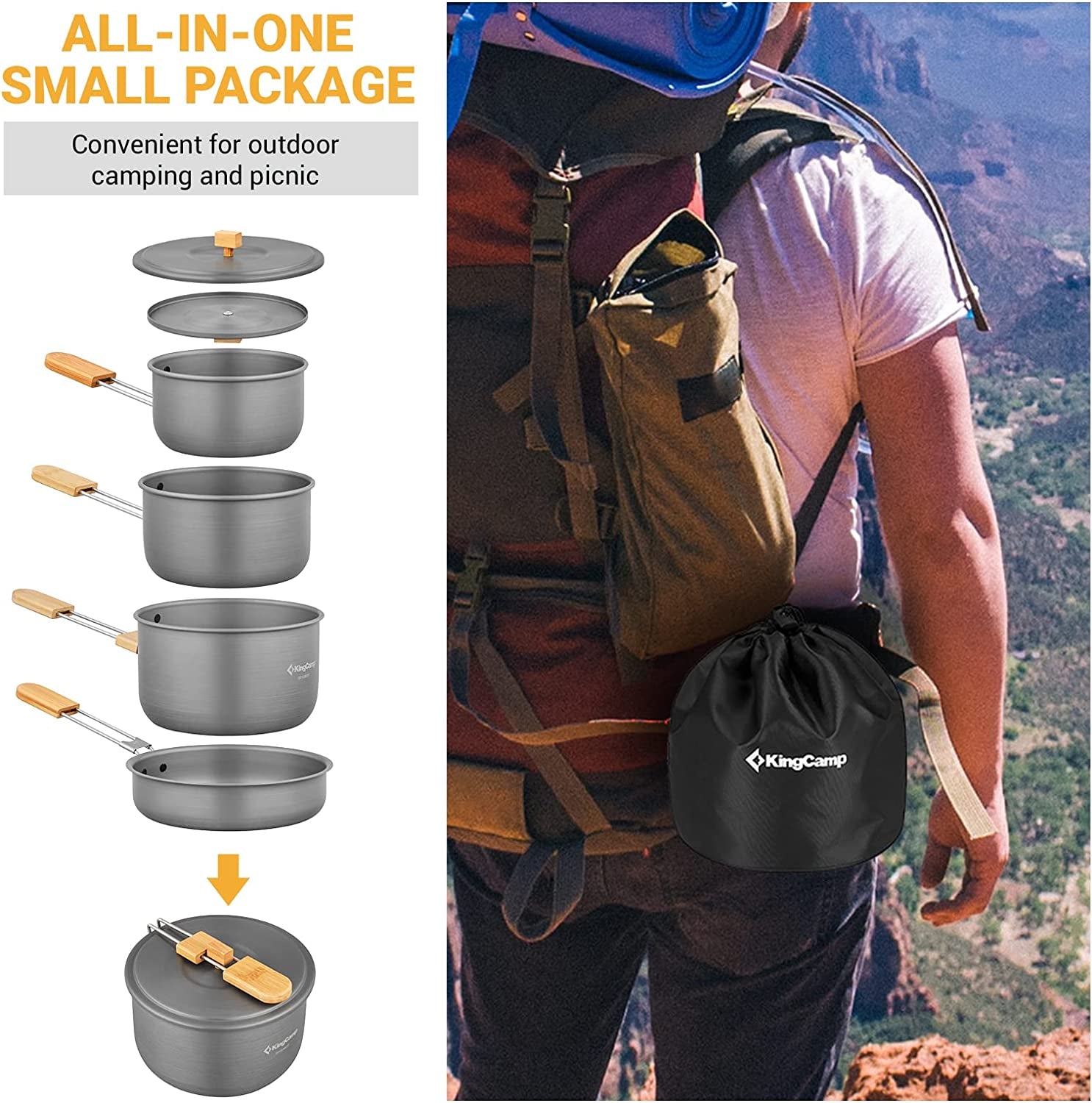 Kingcamp 7Pcs Camping Cookware Mess Kit Aluminum Folding Camping Pots and Pans Set with Bamboo Handle Lightweight Backpacking Cooking Set Outdoor Cook Gear for Family Hiking Picnic