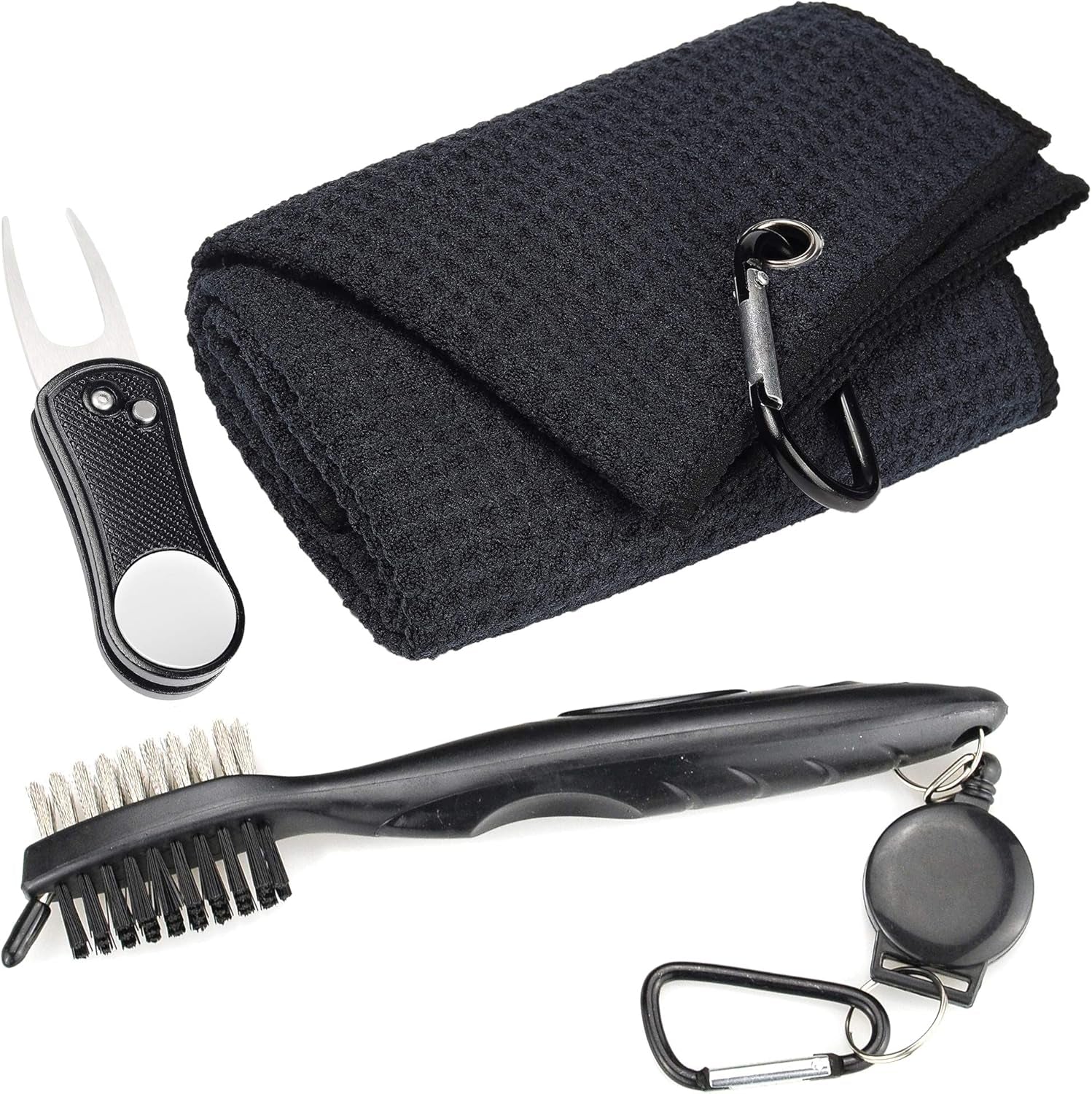 Mile High Life Microfiber Golf Towel with Waffle Pattern | Retractable Club Groove Cleaner Oversize Brush | Foldable Divot Tool with Magnetic Ball Marker | Golf Accessories for Men