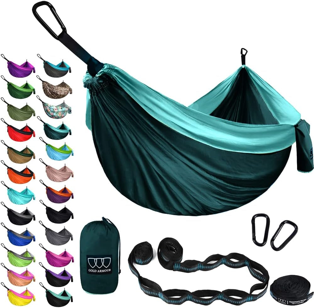 Gold Armour Camping Hammock - XL Double Hammock Portable Hammock Camping Accessories Gear for Outdoor Indoor with Tree Straps, USA Based Brand (Hawaii Blue)