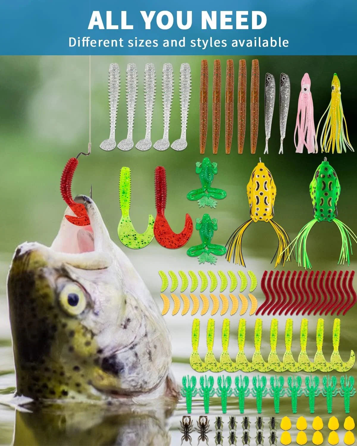 Fishing Lures 380Pcs Fishing Gear for Bass Trout Salmon Fishing Kit Tackle Box with Plugs Jigs Crankbaits Spoon Poppers Soft Plastics Worms and More Fishing Accessories Fishing Gifts for Men