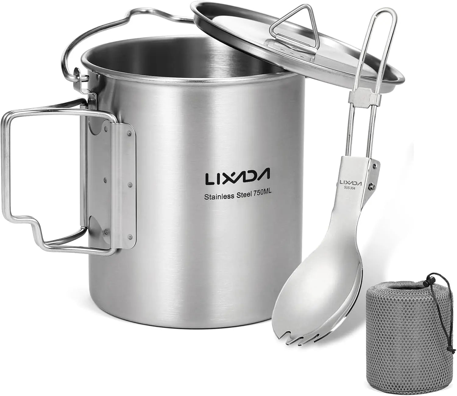LIXADA Camping Cup Pot,750Ml Stainless Steel Water Cup Mug with Foldable Handles and Lid for Outdoor Camping Hiking Backpacking