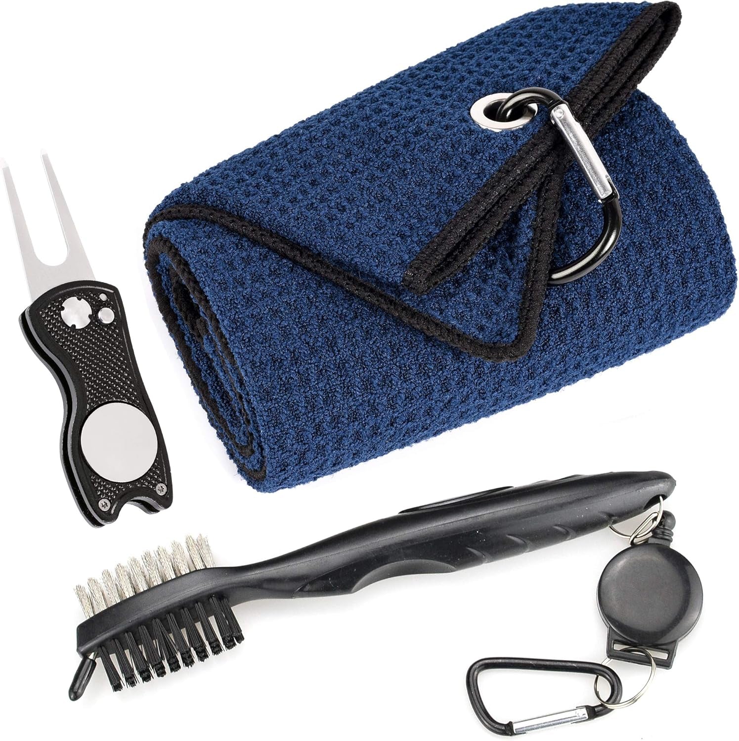 Mile High Life Microfiber Golf Towel with Waffle Pattern | Retractable Club Groove Cleaner Oversize Brush | Foldable Divot Tool with Magnetic Ball Marker | Golf Accessories for Men