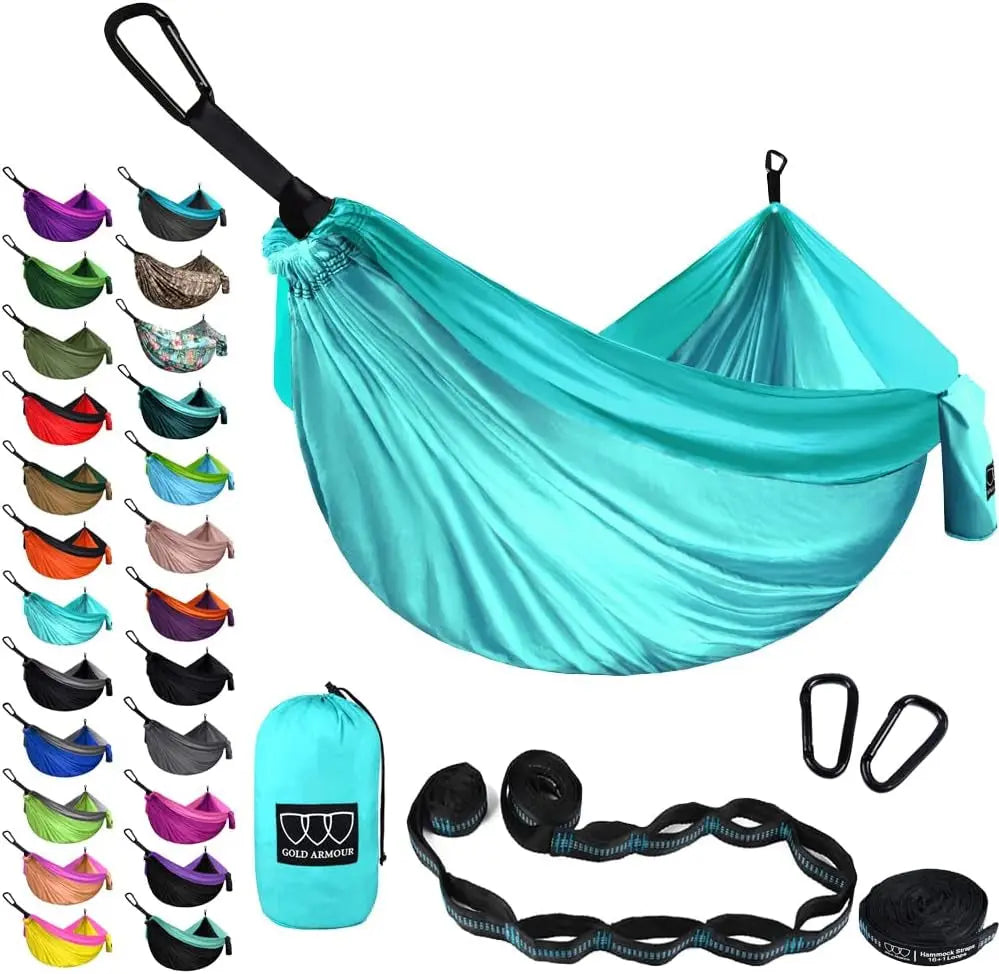 Gold Armour Camping Hammock - XL Double Hammock Portable Hammock Camping Accessories Gear for Outdoor Indoor with Tree Straps, USA Based Brand (Hawaii Blue)