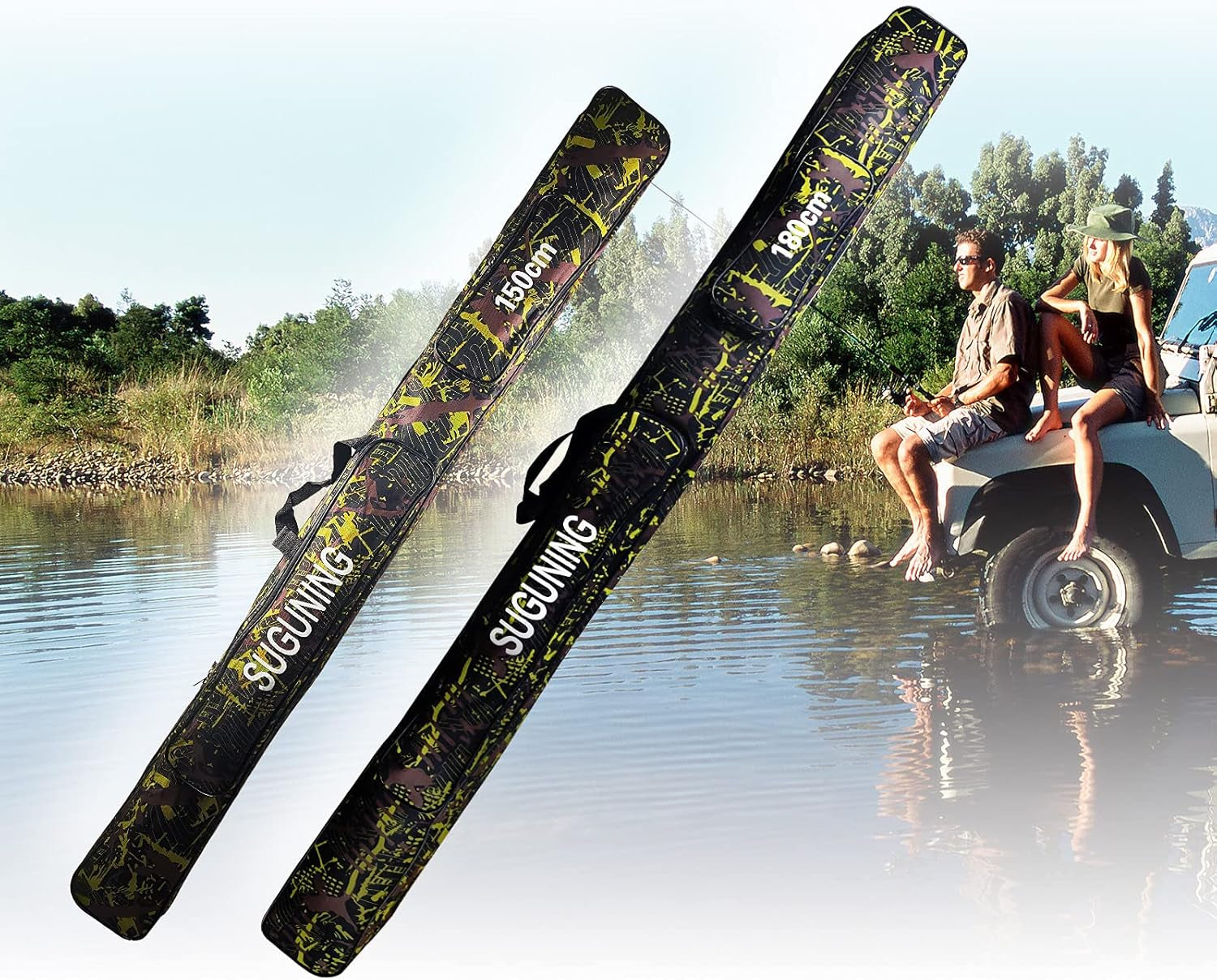 Fishing Rod Carrying Case Folding Storage Fishing Pole Case Portable Small Tackle Bag Cool Fishing Pole Gear Waterproof Fishing Pole Cover for Men Dad Fishermen with 2 Layer, 150 Cm
