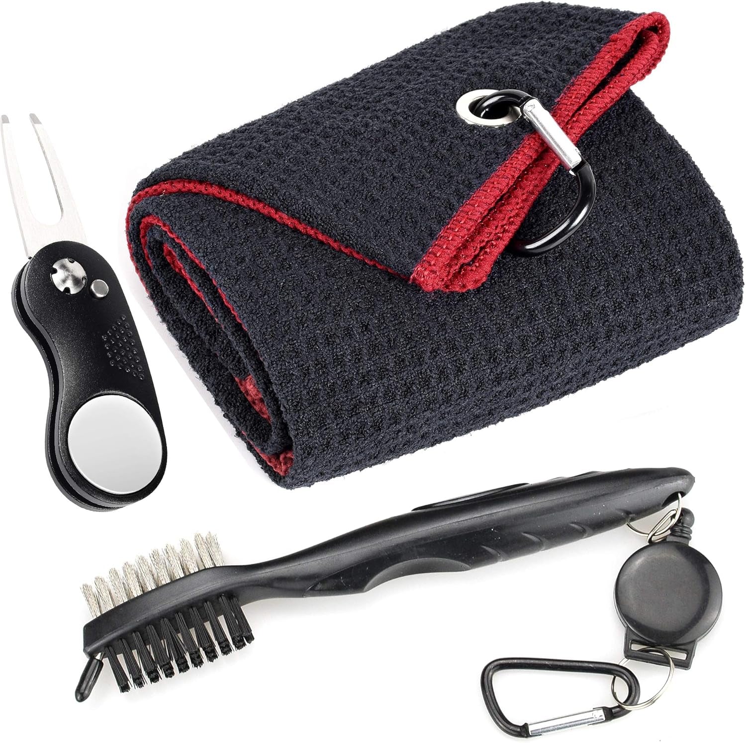 Mile High Life Microfiber Golf Towel with Waffle Pattern | Retractable Club Groove Cleaner Oversize Brush | Foldable Divot Tool with Magnetic Ball Marker | Golf Accessories for Men