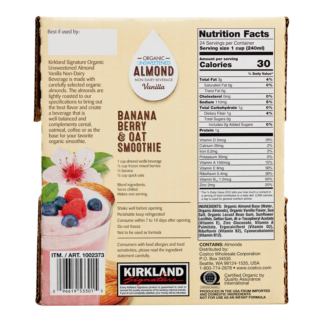Kirkland Signature, Organic Almond Beverage, Vanilla, 32 Fl Oz, 6-Count