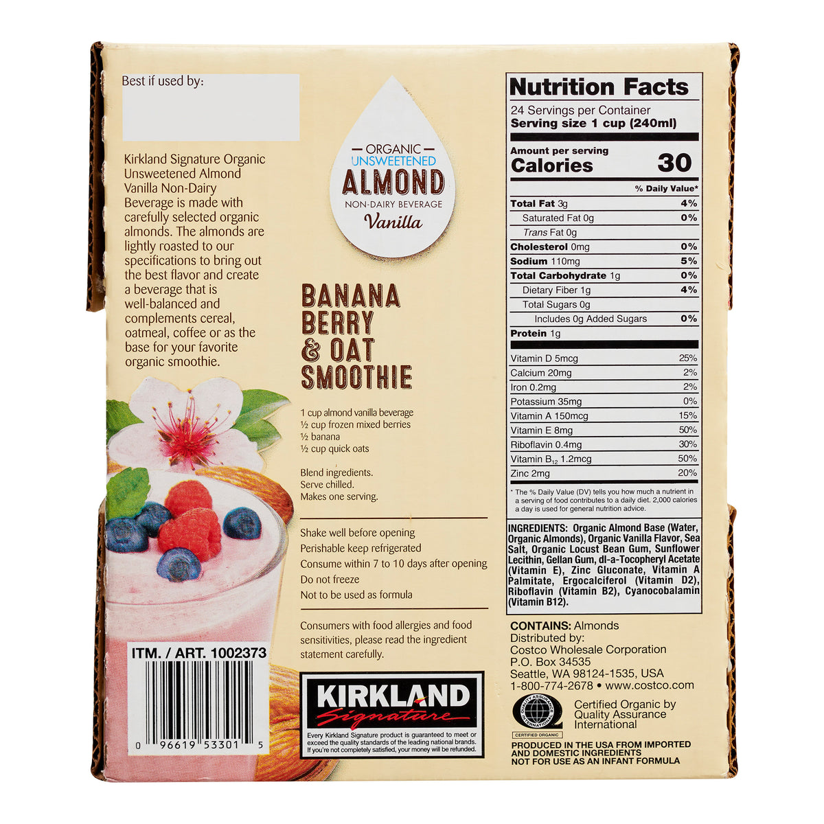 Kirkland Signature, Organic Almond Beverage, Vanilla, 32 Fl Oz, 6-Count