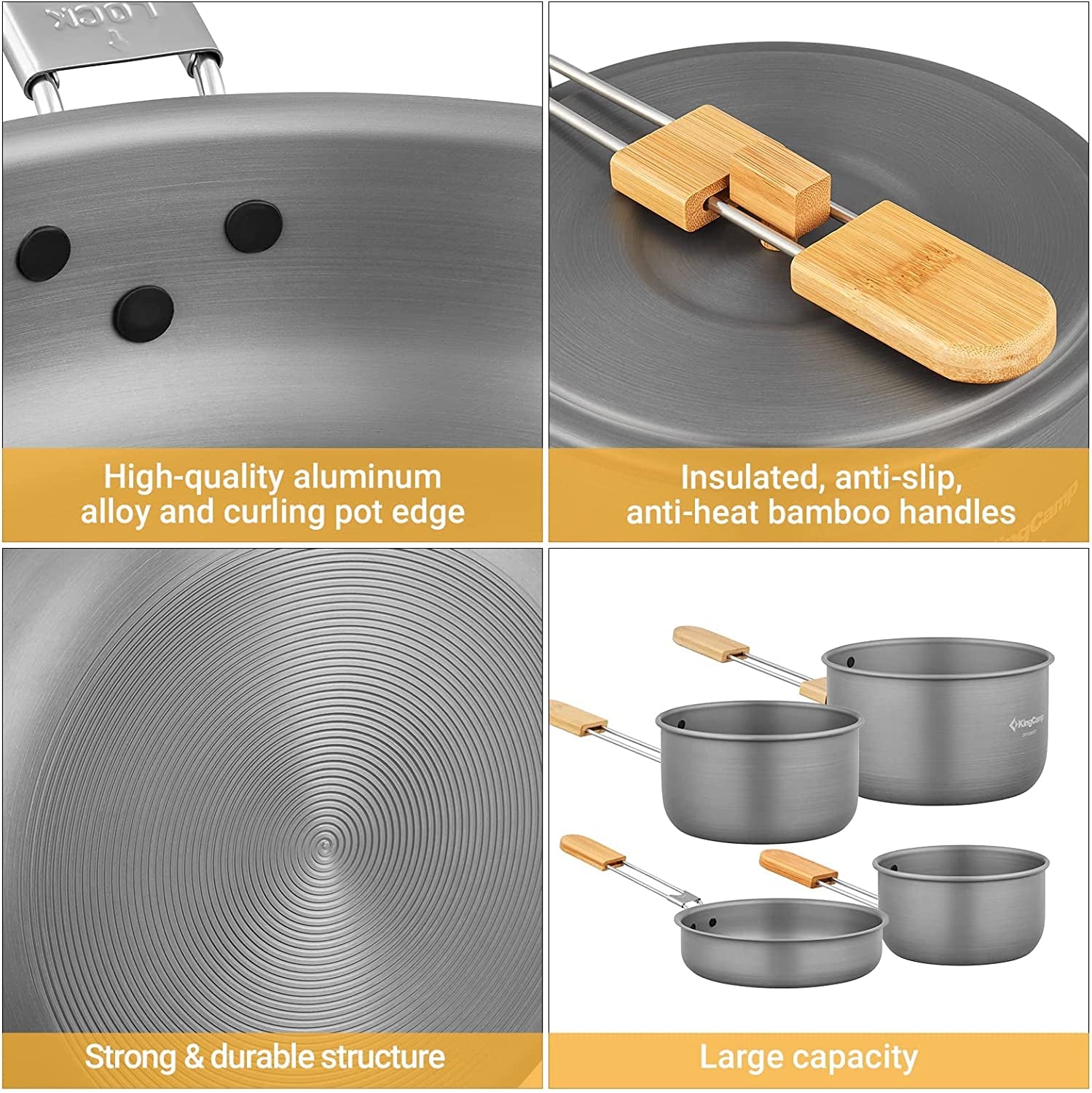 Kingcamp 7Pcs Camping Cookware Mess Kit Aluminum Folding Camping Pots and Pans Set with Bamboo Handle Lightweight Backpacking Cooking Set Outdoor Cook Gear for Family Hiking Picnic