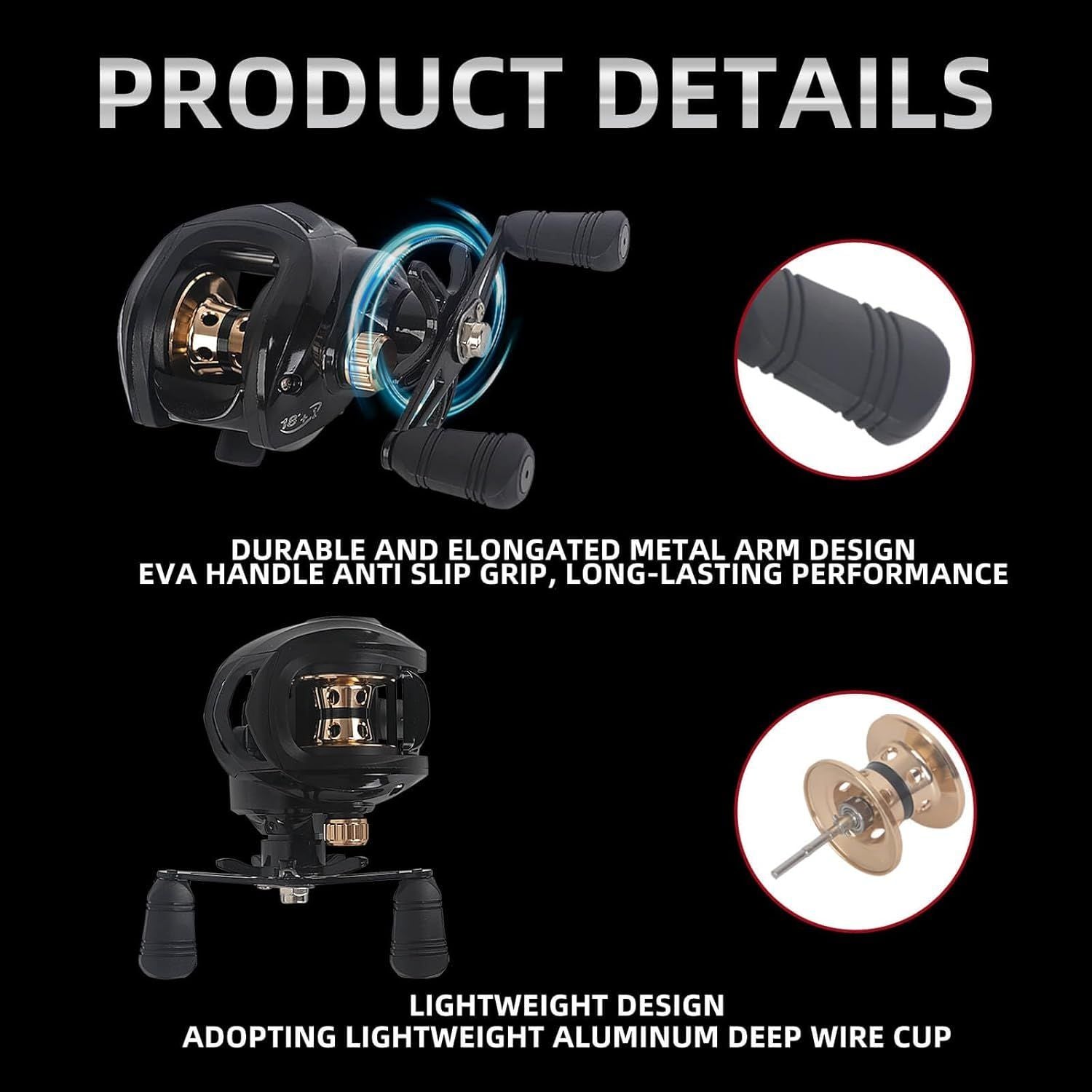 Baitcaster Reels, Lightweight Bait Caster Reel - 7.2:1 Gear Ratio, up to 22Lbs