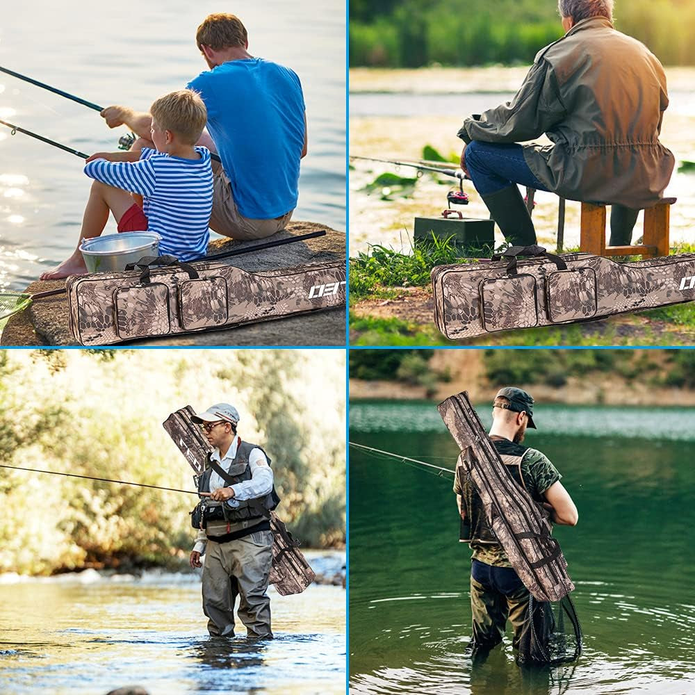 Jhua Fishing Rod Case, Fishing Pole Bag Case, Waterproof Fishing Rod Reel Bag Organizer Fishing Travel Bag, Oxford Large Capacity Fishing Tackle Storage Bag, Gift for Family Friends (Khaki Camouflage)