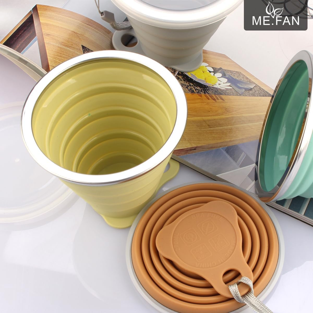ME.FAN Silicone Collapsible Travel Cup - Silicone Folding Camping Cup with Lids - Expandable Drinking Cup Set - Portable, Graduated [9.22Oz]