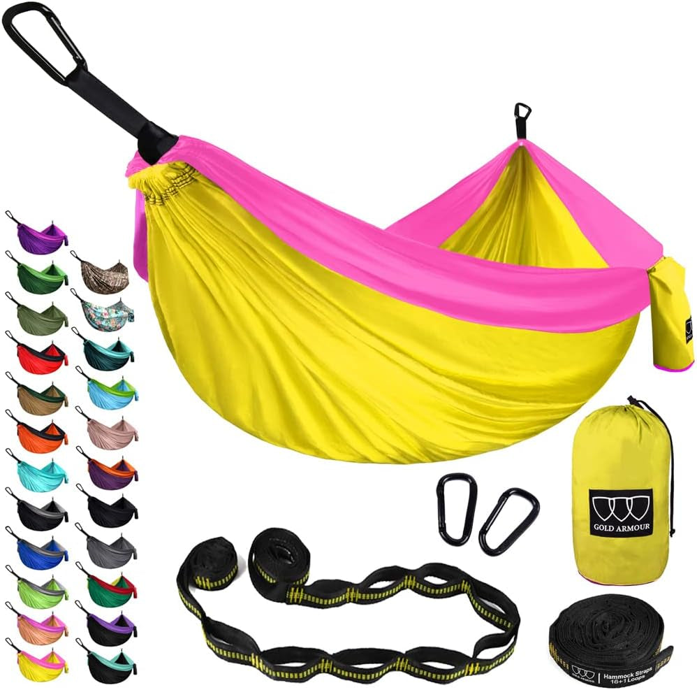 Gold Armour Camping Hammock - XL Double Hammock Portable Hammock Camping Accessories Gear for Outdoor Indoor with Tree Straps, USA Based Brand (Hawaii Blue)