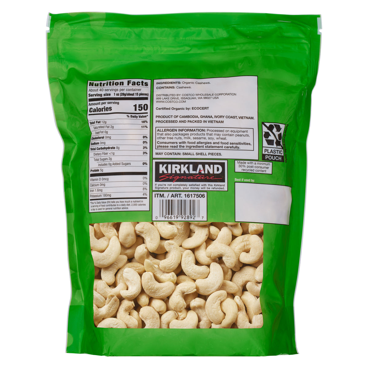 Kirkland Signature Organic Whole Cashews, Unsalted, Unroasted, 2.5 Lbs