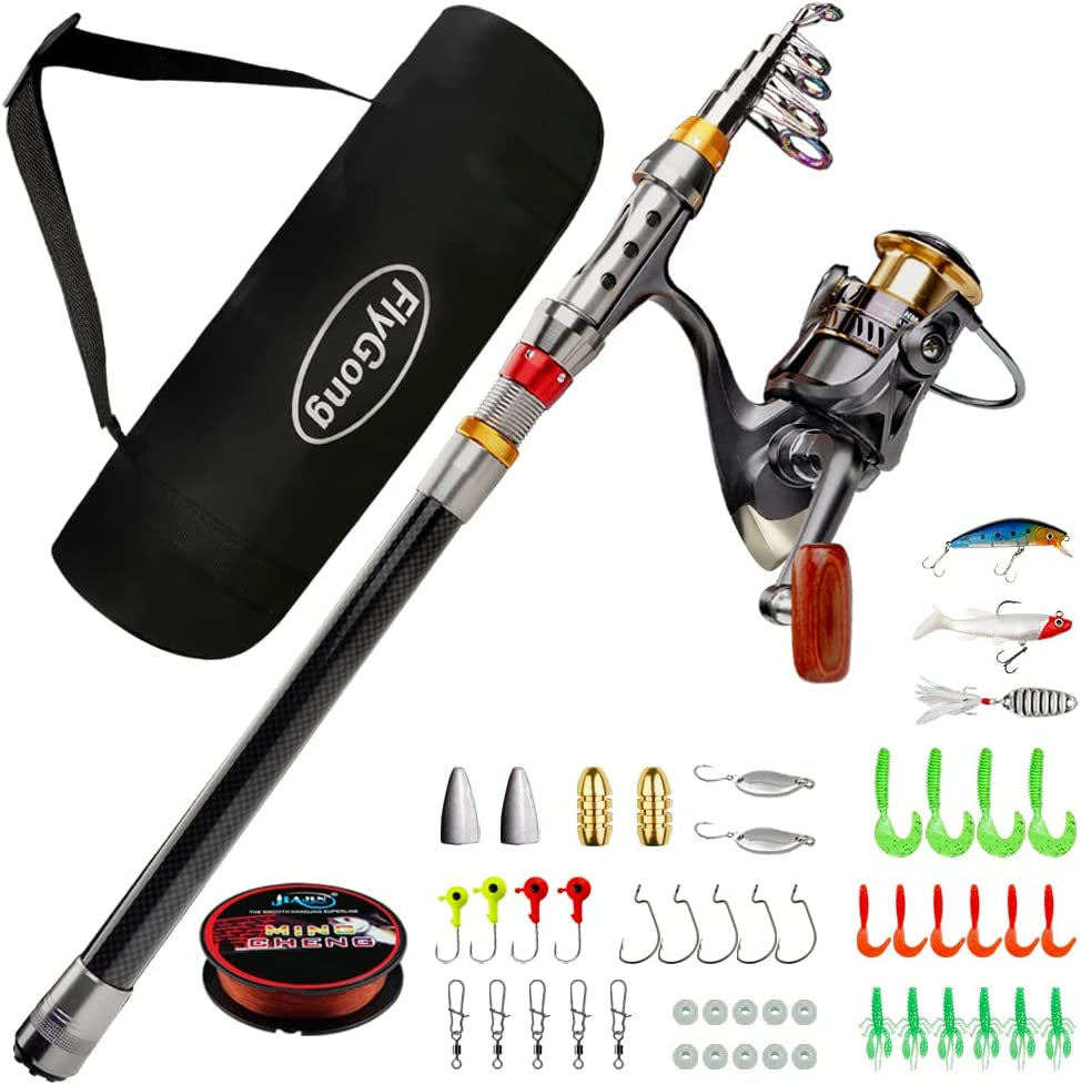 Flygong Fishing Rod Spinning Reel Combo Set Comfortable Grip Long Cast Glass Telescopic Fishing Pole Freshwater Saltwater Fishing Tools