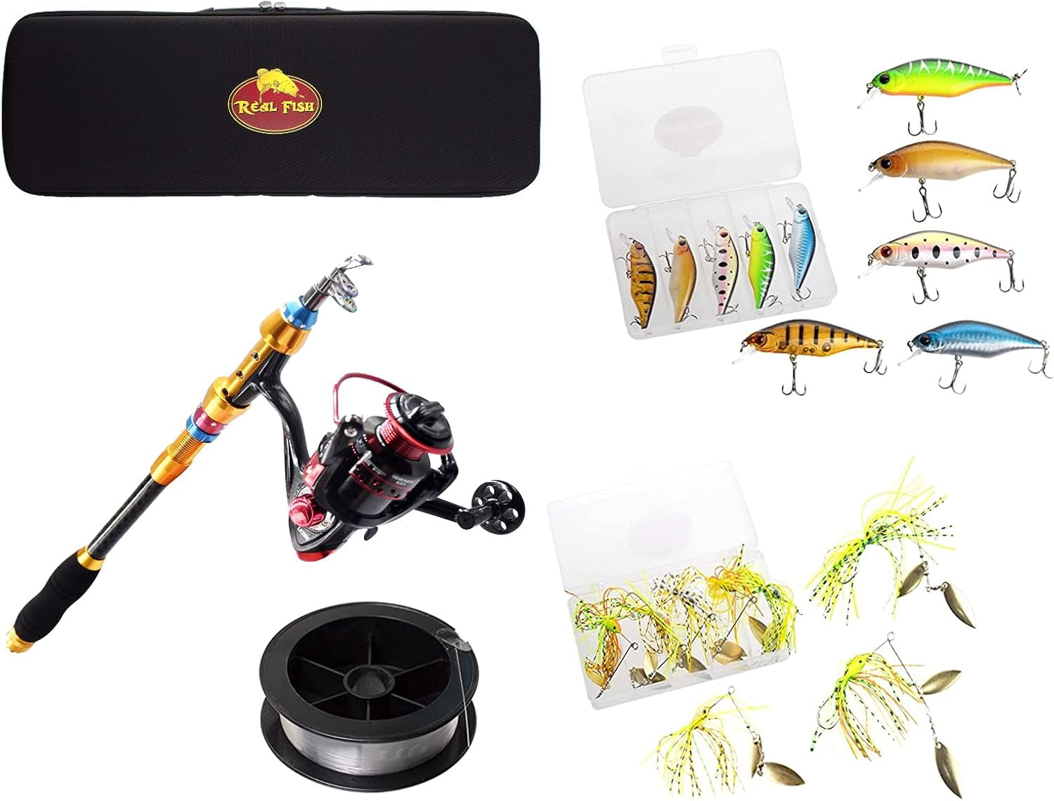 REAL FISH 7' Spinning Fishing Rod and Reel Combo Kit Portable Telescopic Pole Travel Freshwater Tackle Box Carbon Fiber Line Lures Hooks Carrier Bag Beginners