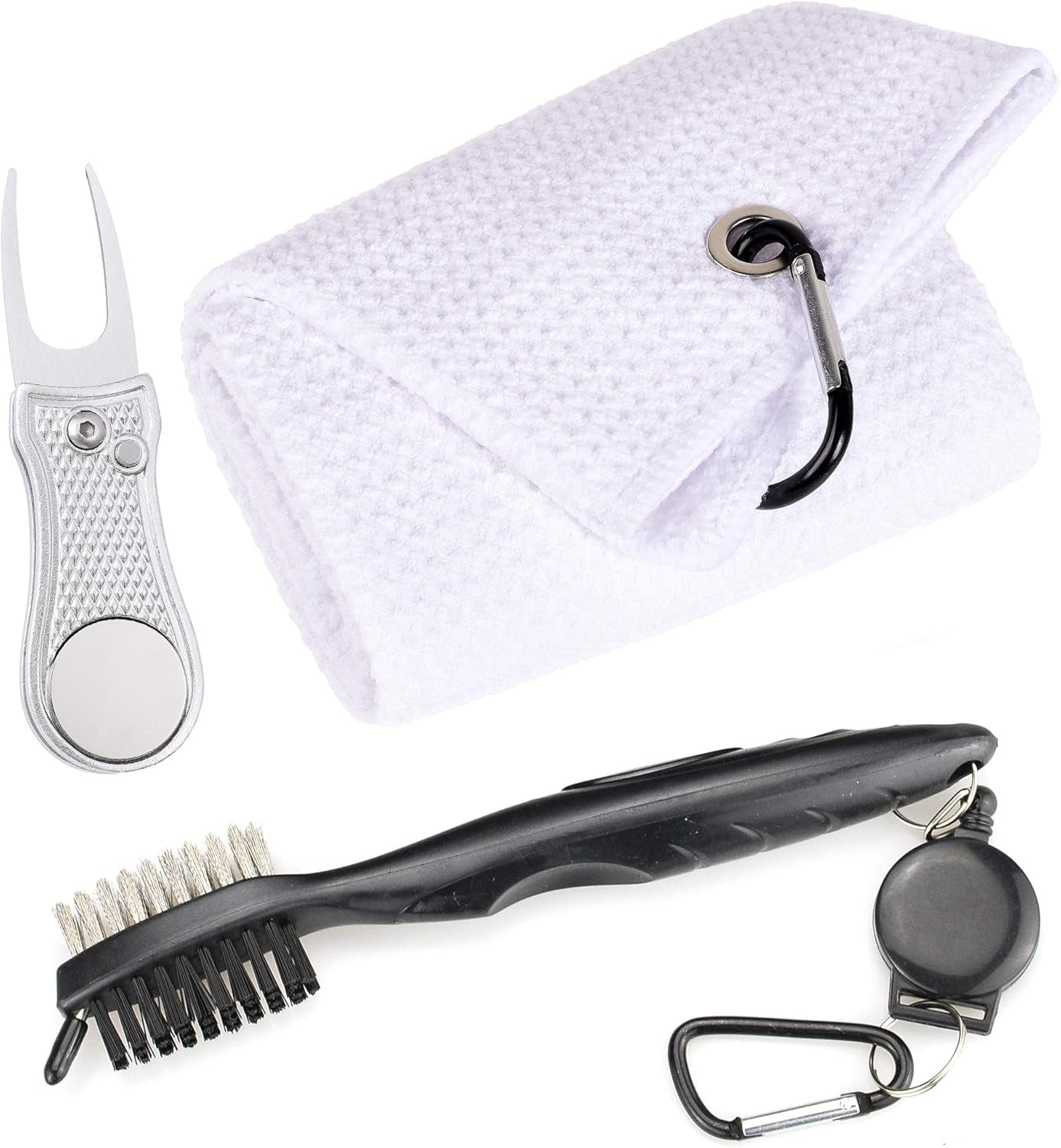 Mile High Life Microfiber Golf Towel with Waffle Pattern | Retractable Club Groove Cleaner Oversize Brush | Foldable Divot Tool with Magnetic Ball Marker | Golf Accessories for Men