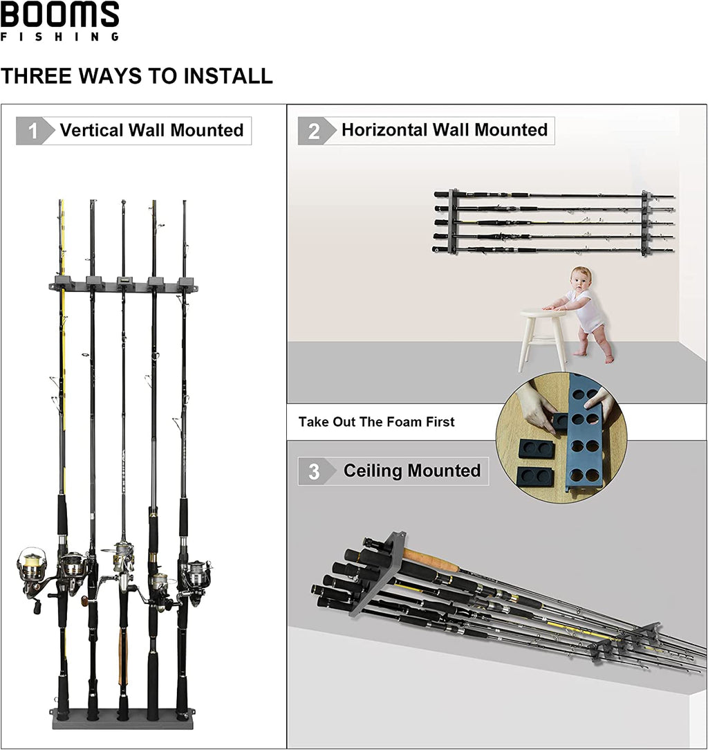 Booms Fishing Rod Holder for Garage: Wall Mount Fishing Pole Holders for Garage | Fishing Rod Rack Holds up to 10 Rods, Vertical/Horizontal/Ceiling Fishing Pole Racks, WV4 Black
