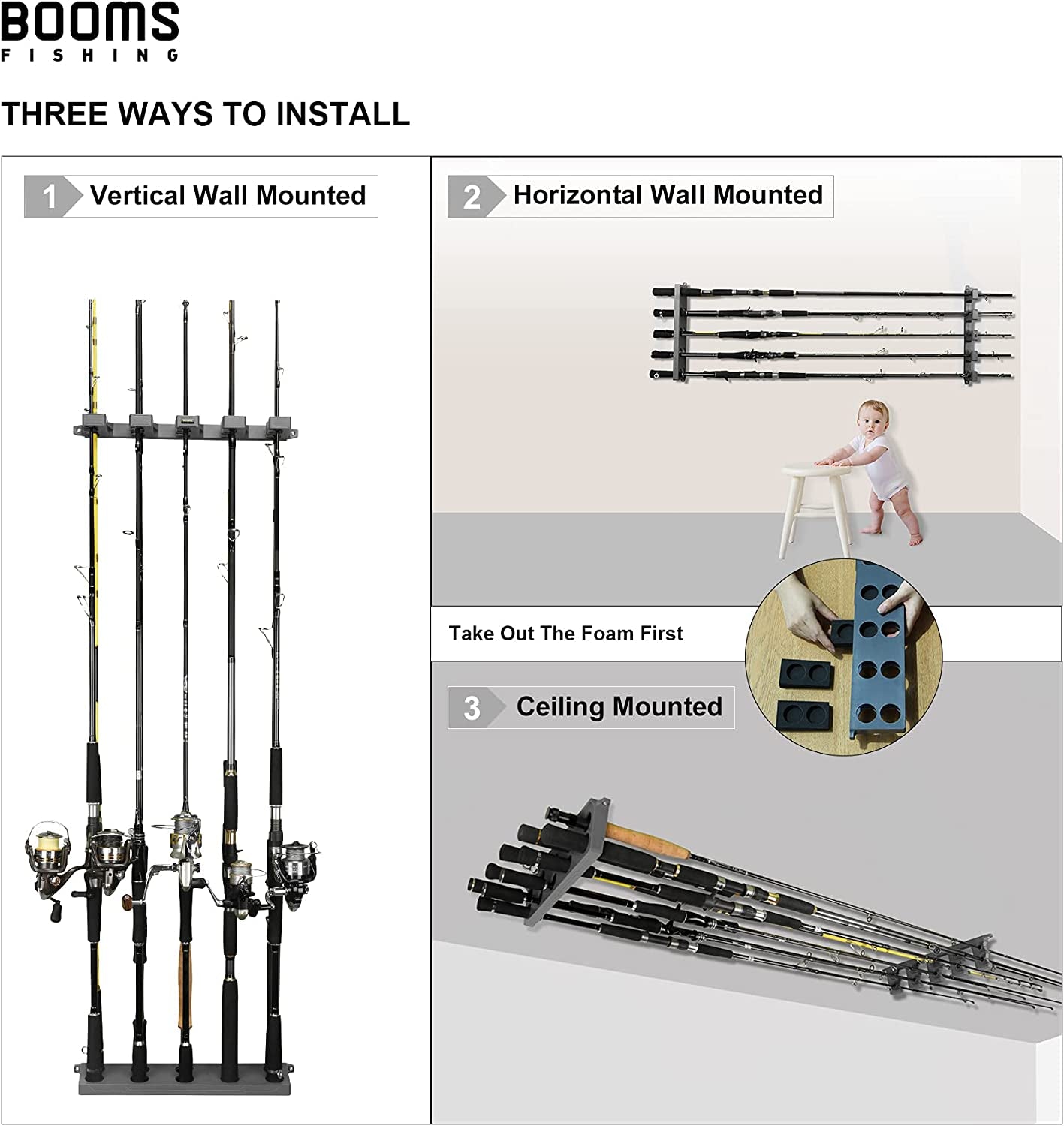 Booms Fishing Rod Holder for Garage: Wall Mount Fishing Pole Holders for Garage | Fishing Rod Rack Holds up to 10 Rods, Vertical/Horizontal/Ceiling Fishing Pole Racks, WV4 Black