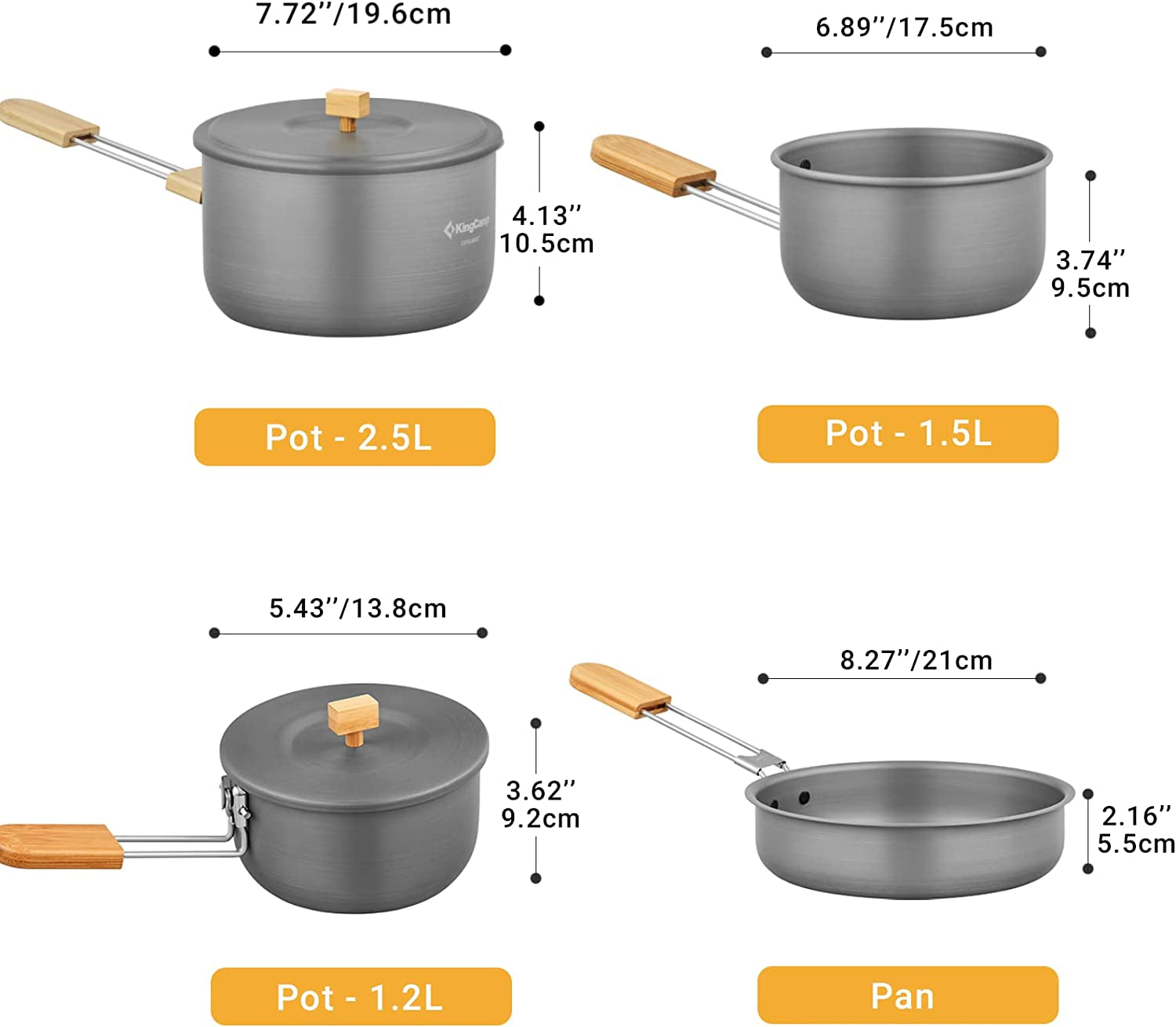 Kingcamp 7Pcs Camping Cookware Mess Kit Aluminum Folding Camping Pots and Pans Set with Bamboo Handle Lightweight Backpacking Cooking Set Outdoor Cook Gear for Family Hiking Picnic