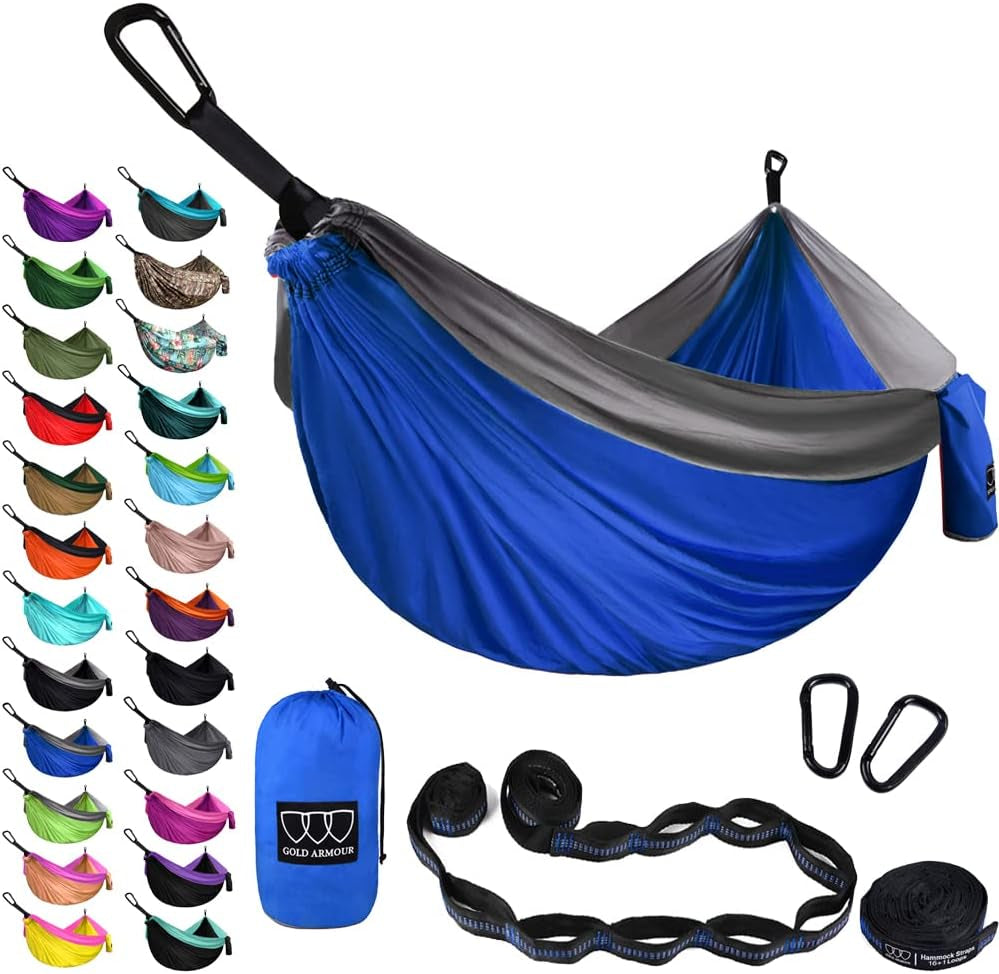 Gold Armour Camping Hammock - XL Double Hammock Portable Hammock Camping Accessories Gear for Outdoor Indoor with Tree Straps, USA Based Brand (Hawaii Blue)