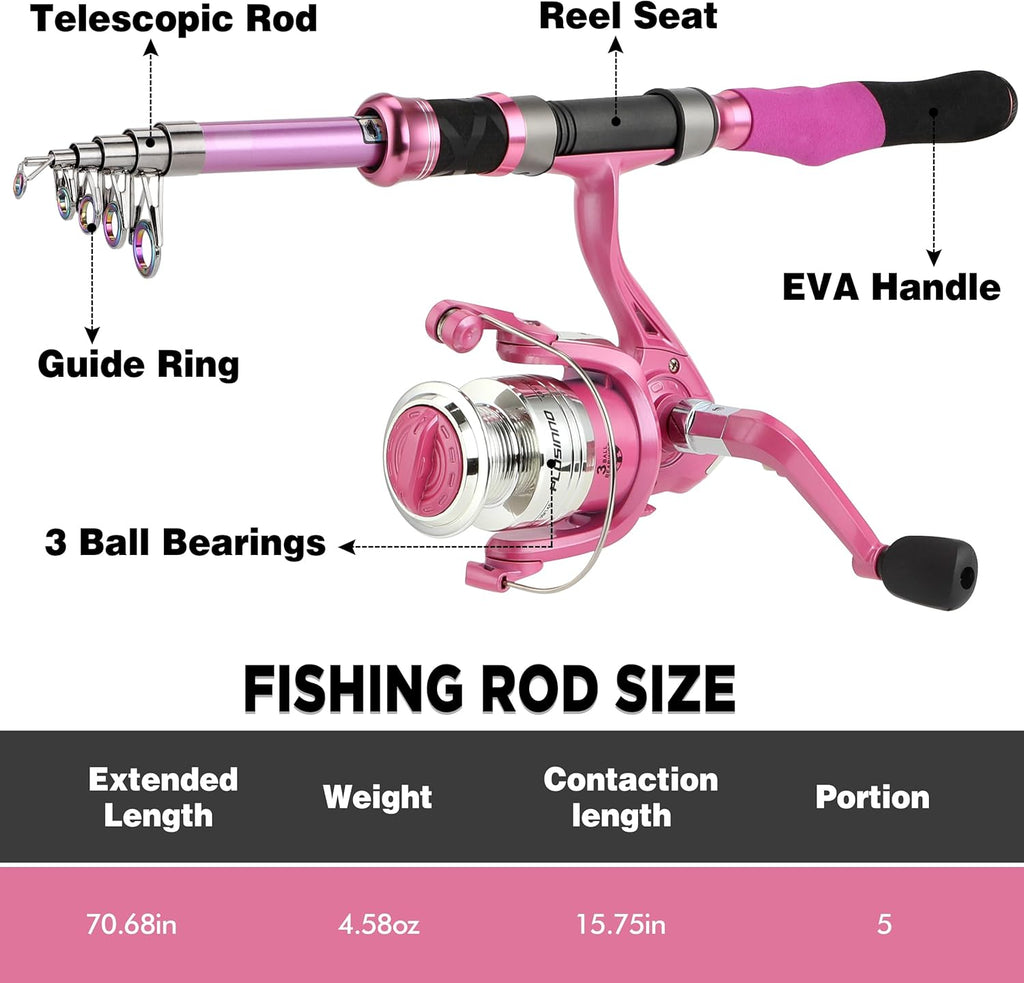 PLUSINNO Ladies Pink Telescopic Fishing Rod and Reel