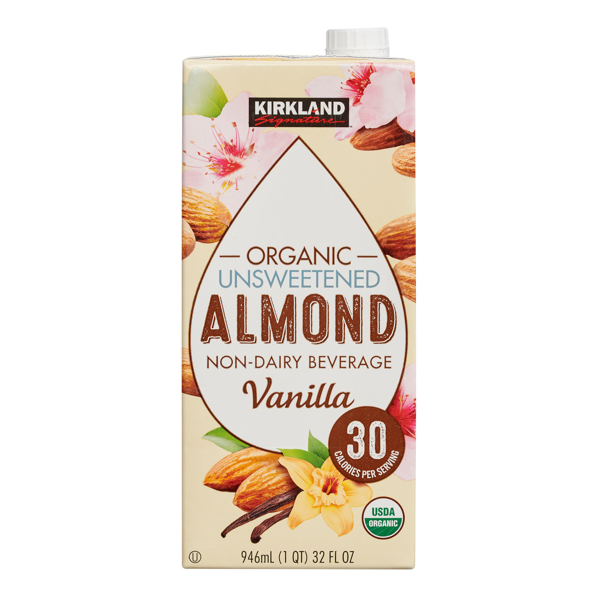 Kirkland Signature, Organic Almond Beverage, Vanilla, 32 Fl Oz, 6-Count